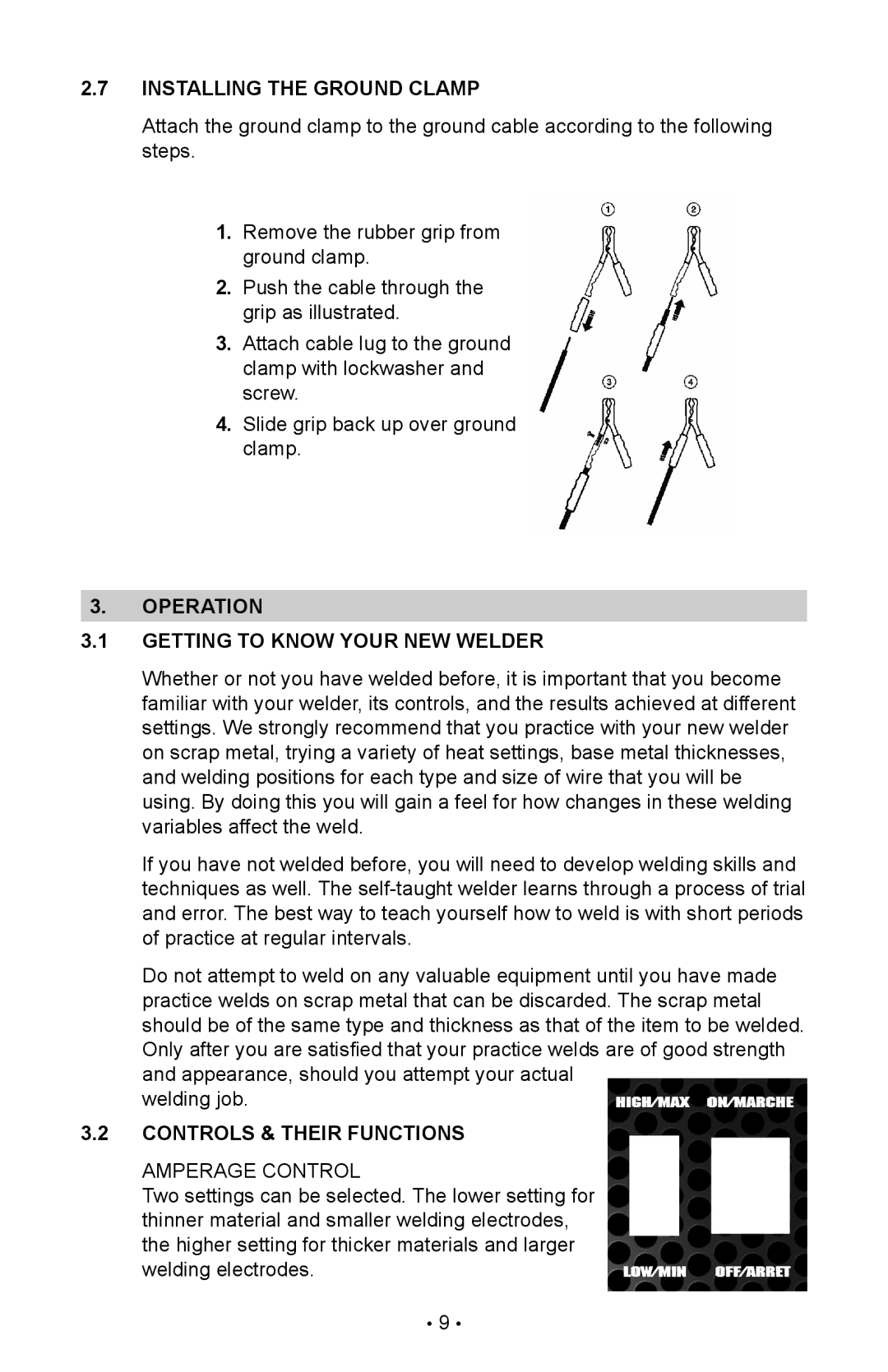 Schumacher 98026071 Installing the Ground Clamp, Operation Getting to Know Your NEW Welder, Controls & Their Functions 
