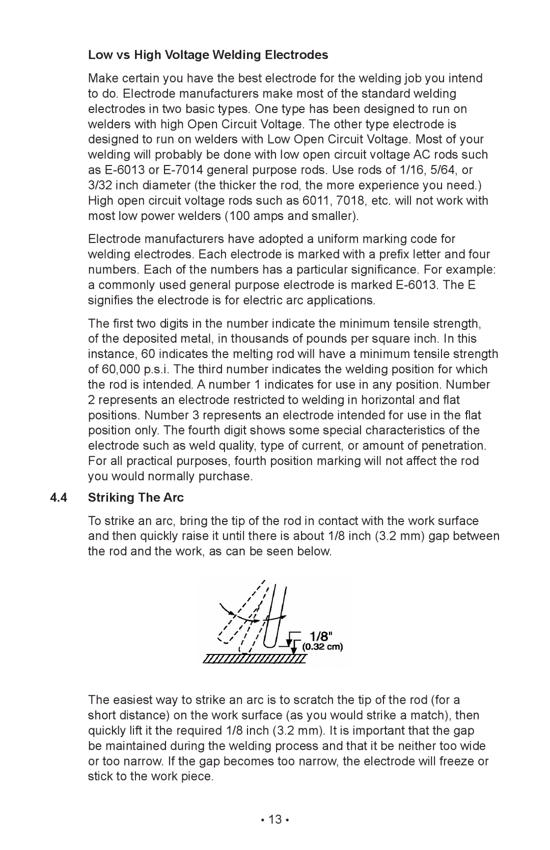 Schumacher 98026071, 94070A, 00-99-000985/1009 manual Low vs High Voltage Welding Electrodes, Striking The Arc 