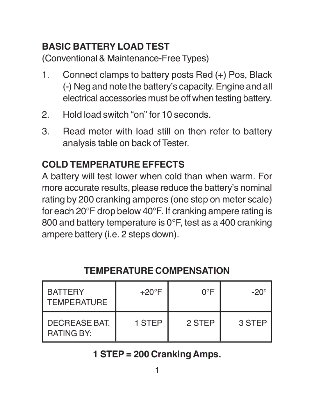 Schumacher BT-100 owner manual Basic Battery Load Test, Conventional & Maintenance-Free Types, Cold Temperature Effects 