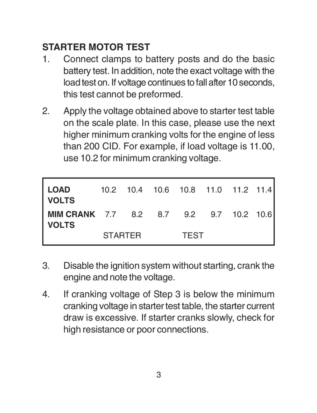 Schumacher BT-100 owner manual Starter Motor Test 