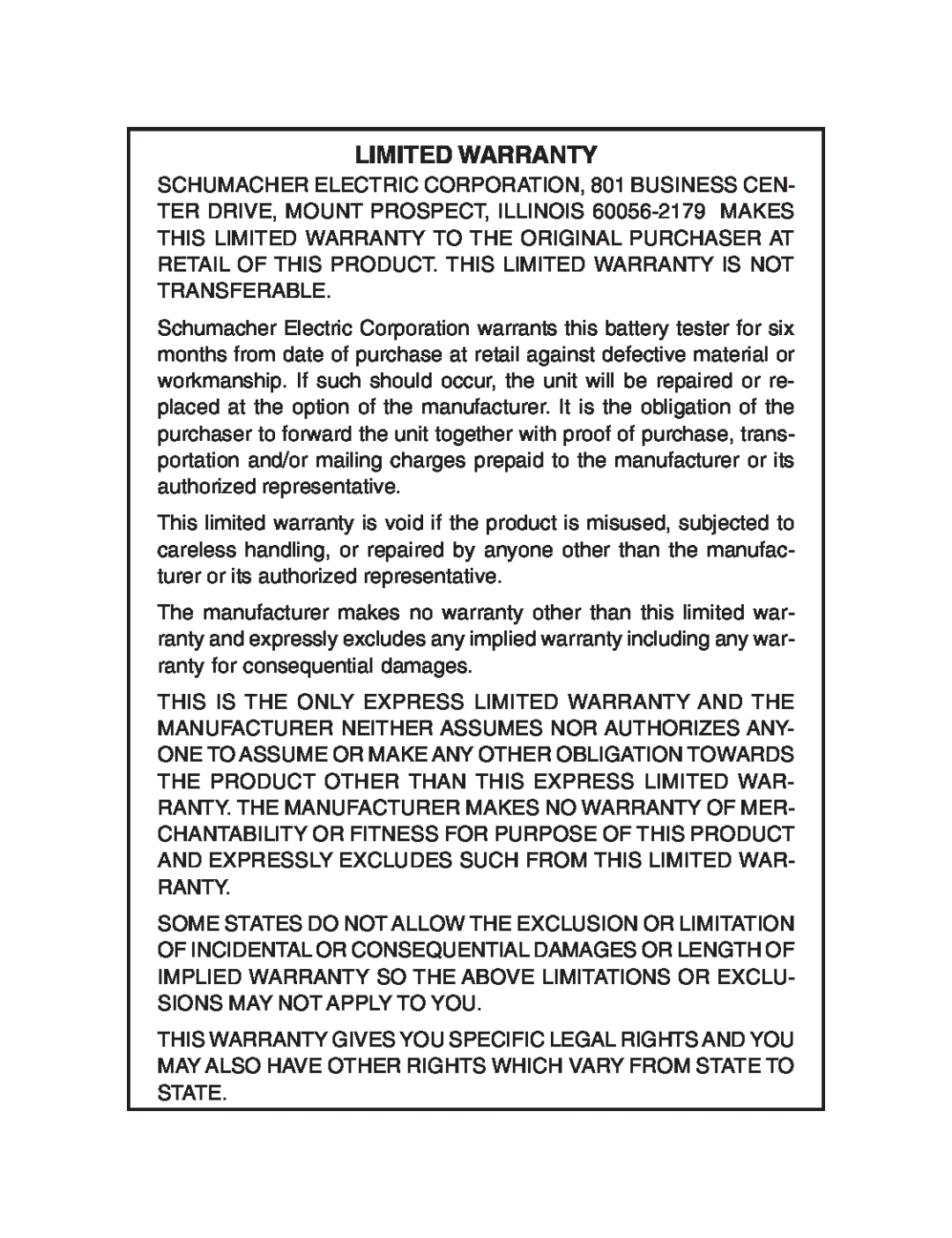 Schumacher BT-100 owner manual Limited Warranty 