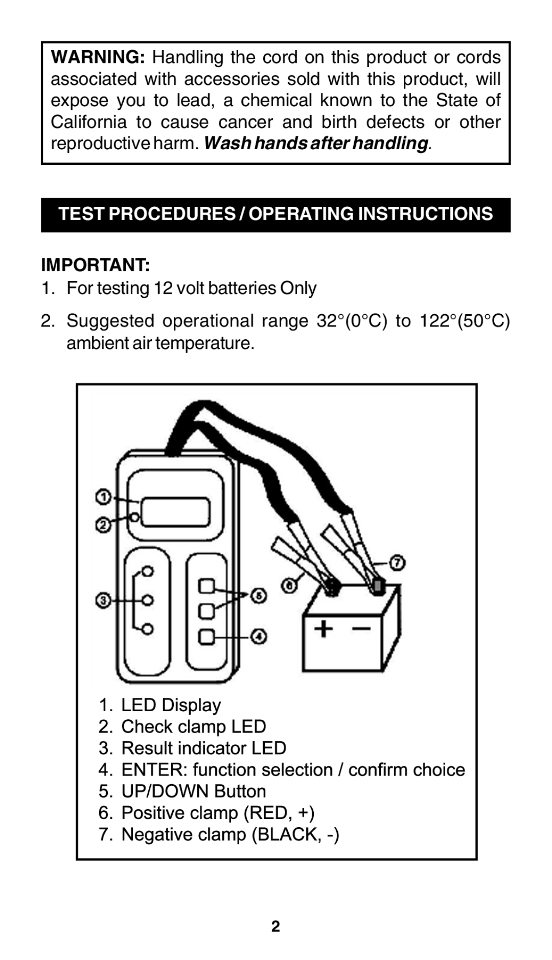 Schumacher BT-250 owner manual Test Procedures / Operating Instructions 