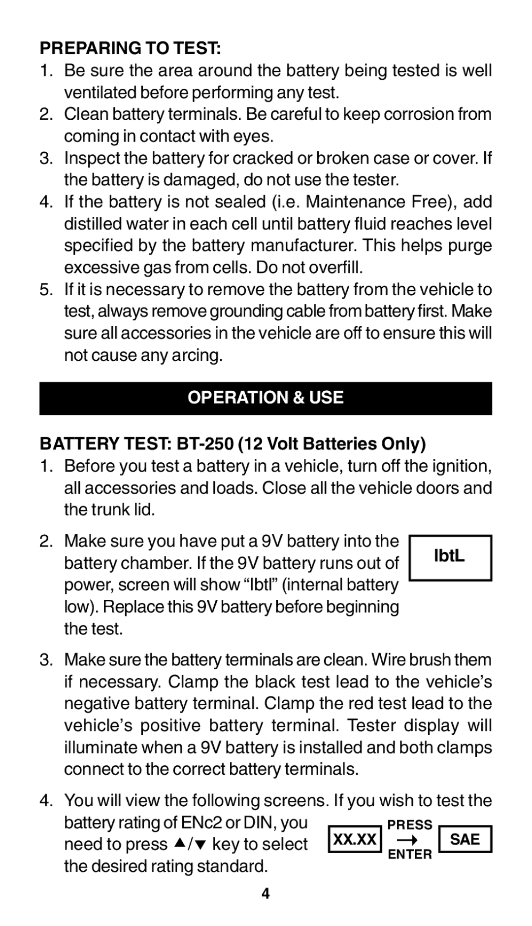 Schumacher owner manual Preparing to Test, Operation & USE, Battery Test BT-250 12 Volt Batteries Only, IbtL 