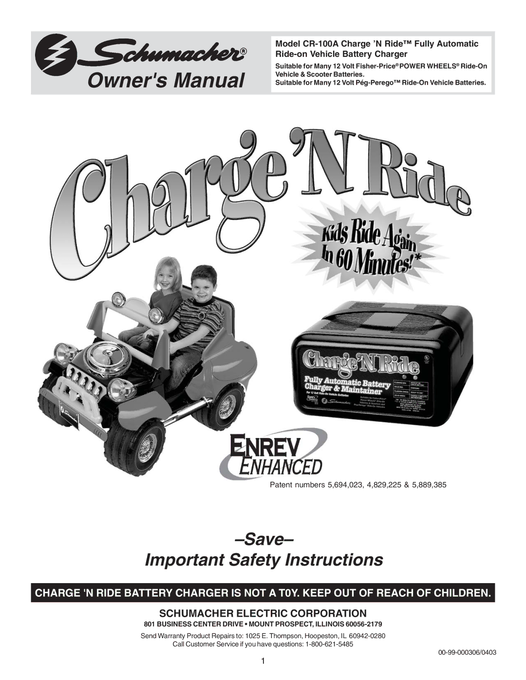 Schumacher CR-100A owner manual Save Important Safety Instructions, Schumacher Electric Corporation 