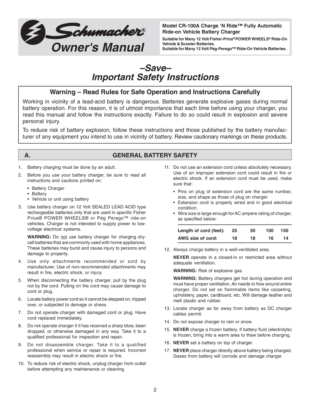 Schumacher CR-100A owner manual Save Important Safety Instructions, General Battery Safety 