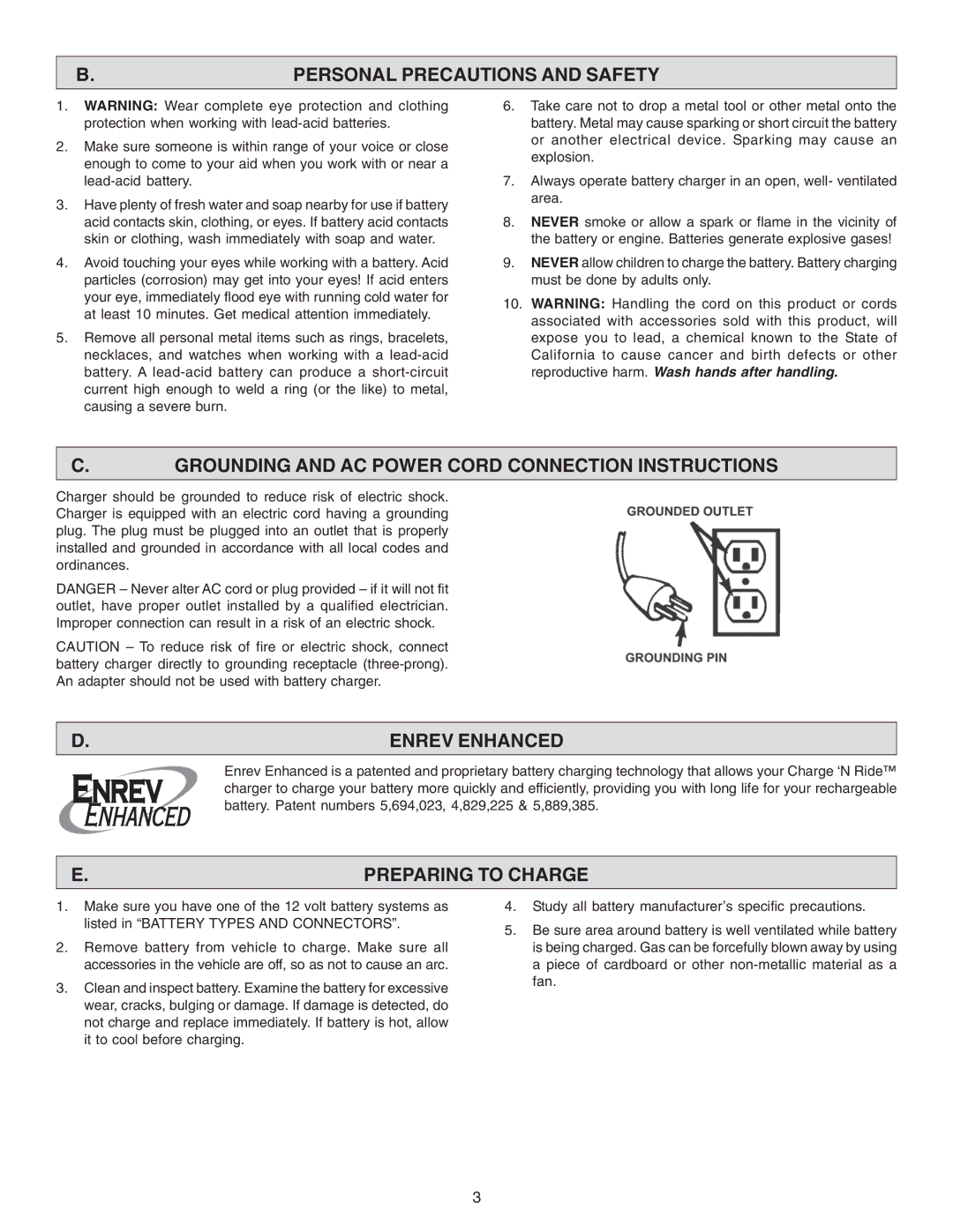 Schumacher CR-100A Personal Precautions and Safety, Grounding and AC Power Cord Connection Instructions, Enrev Enhanced 