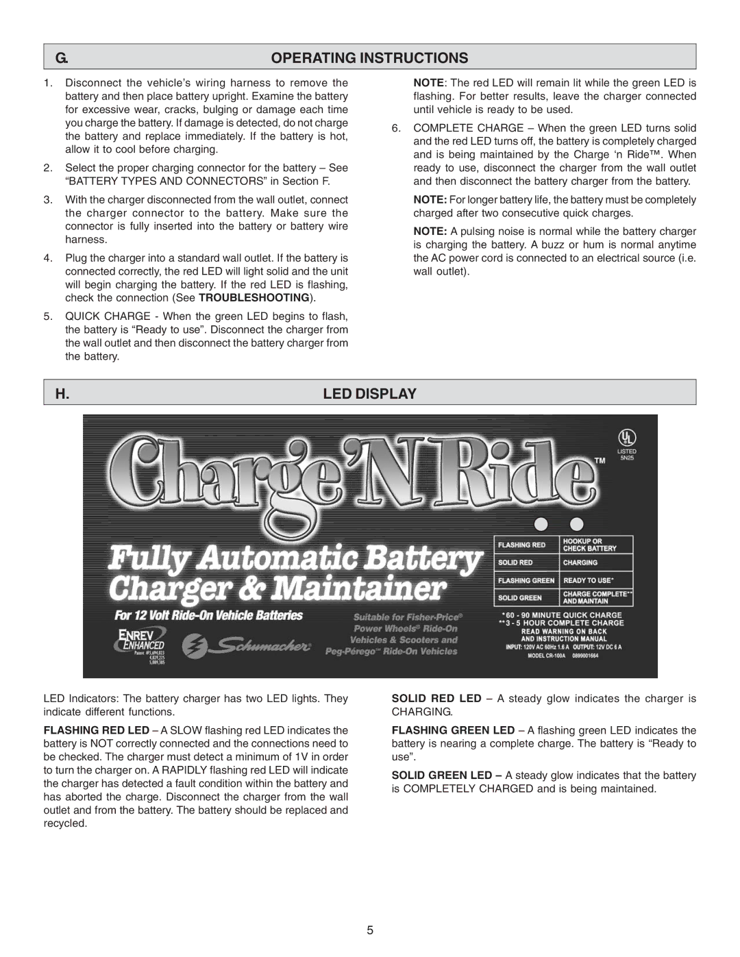 Schumacher CR-100A owner manual Operating Instructions, LED Display 