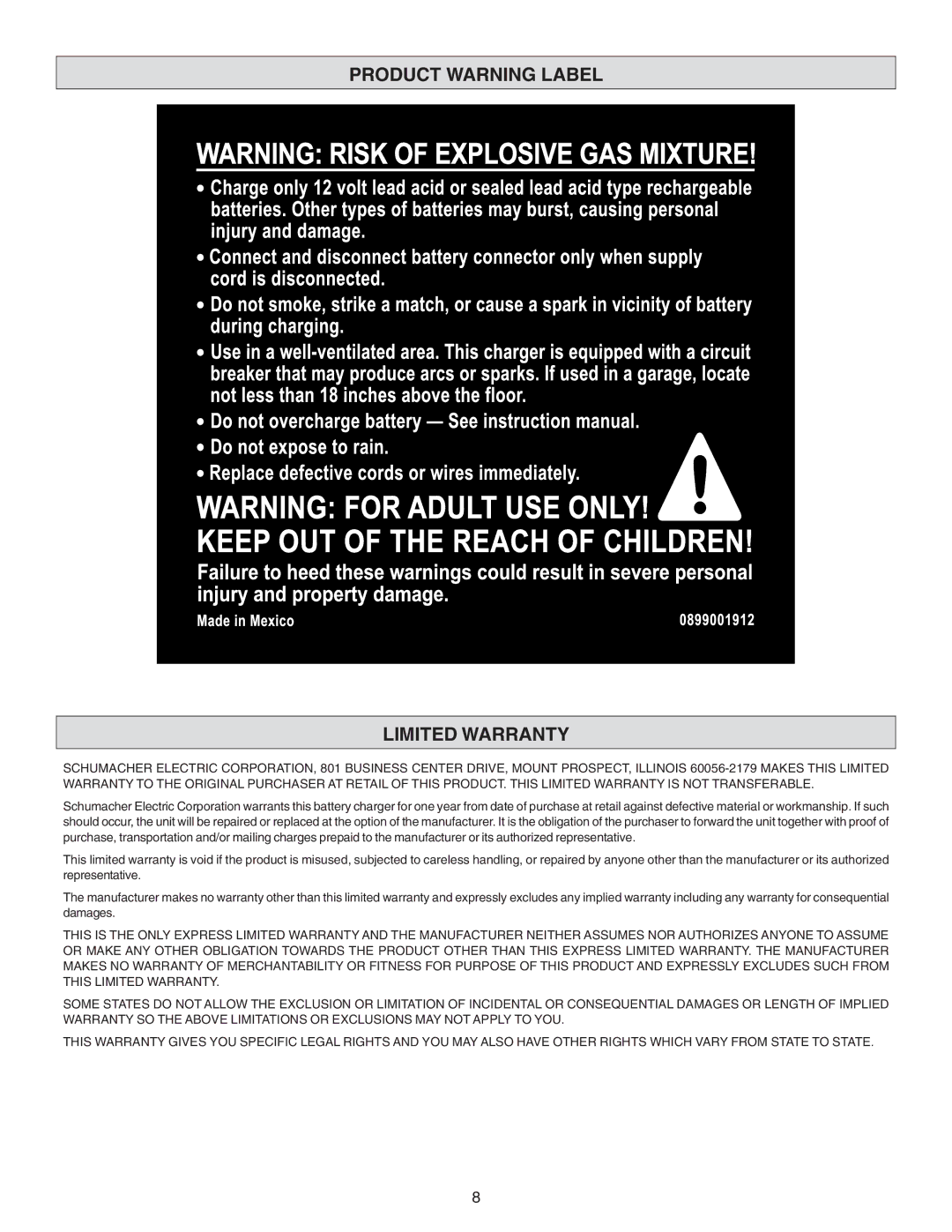 Schumacher CR-100A owner manual Product Warning Label Limited Warranty 