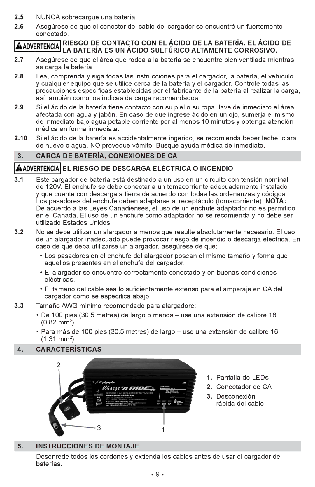 Schumacher CR1 owner manual Características, Instrucciones DE Montaje 