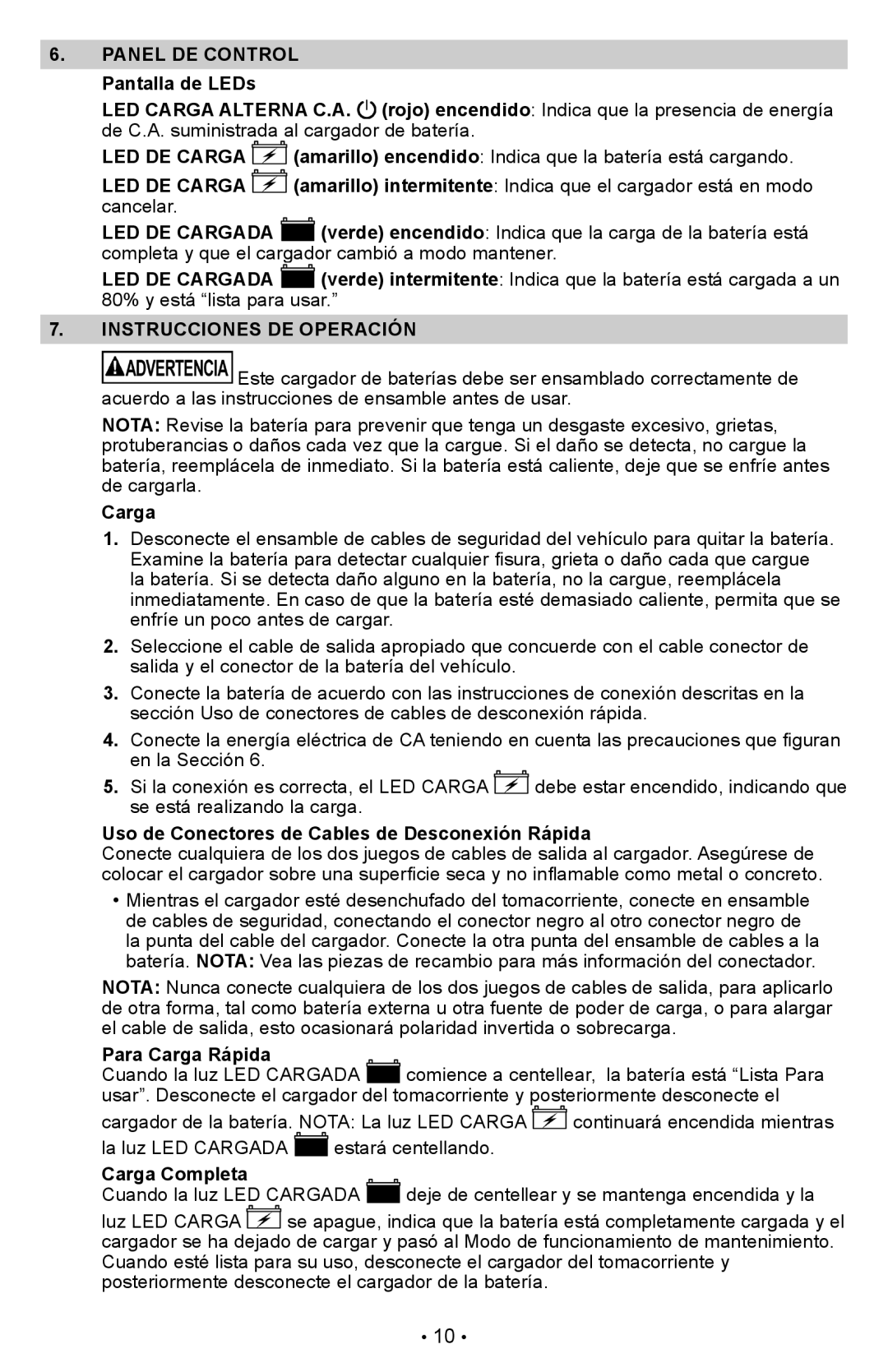 Schumacher CR1 owner manual Panel DE Control, Instrucciones DE Operación 