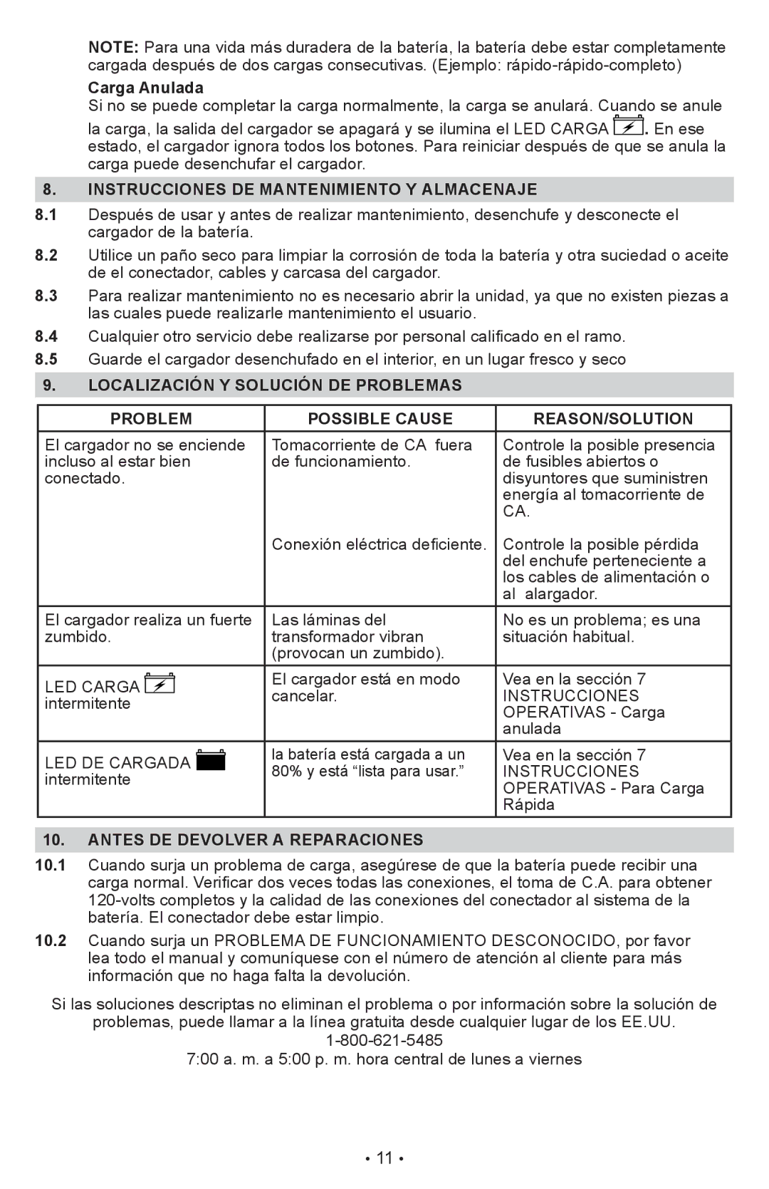 Schumacher CR1 owner manual Carga Anulada, Instrucciones DE Mantenimiento Y Almacenaje, Antes DE Devolver a Reparaciones 