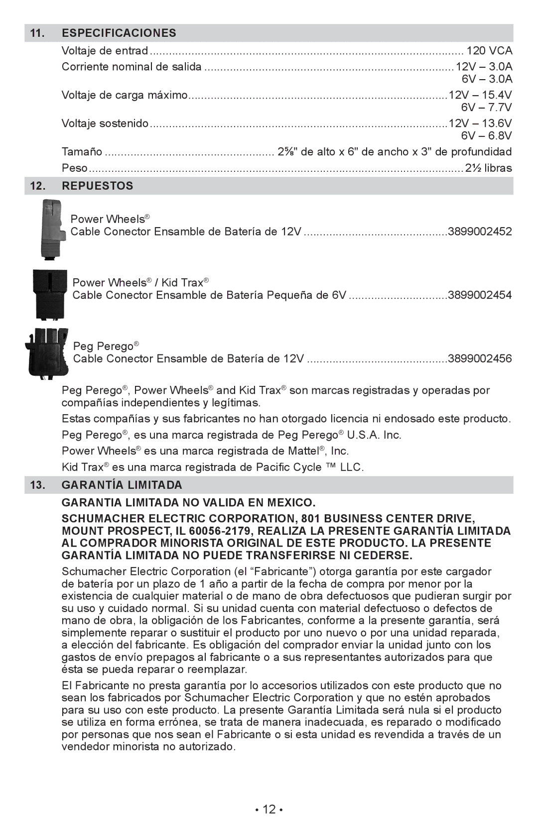 Schumacher CR1 owner manual Especificaciones, Repuestos 