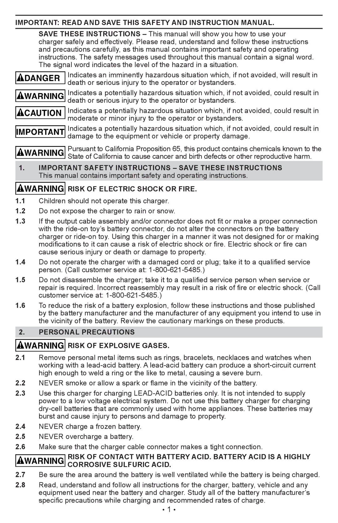 Schumacher CR1 owner manual Risk of Electric Shock or Fire, Personal Precautions Risk of Explosive Gases 