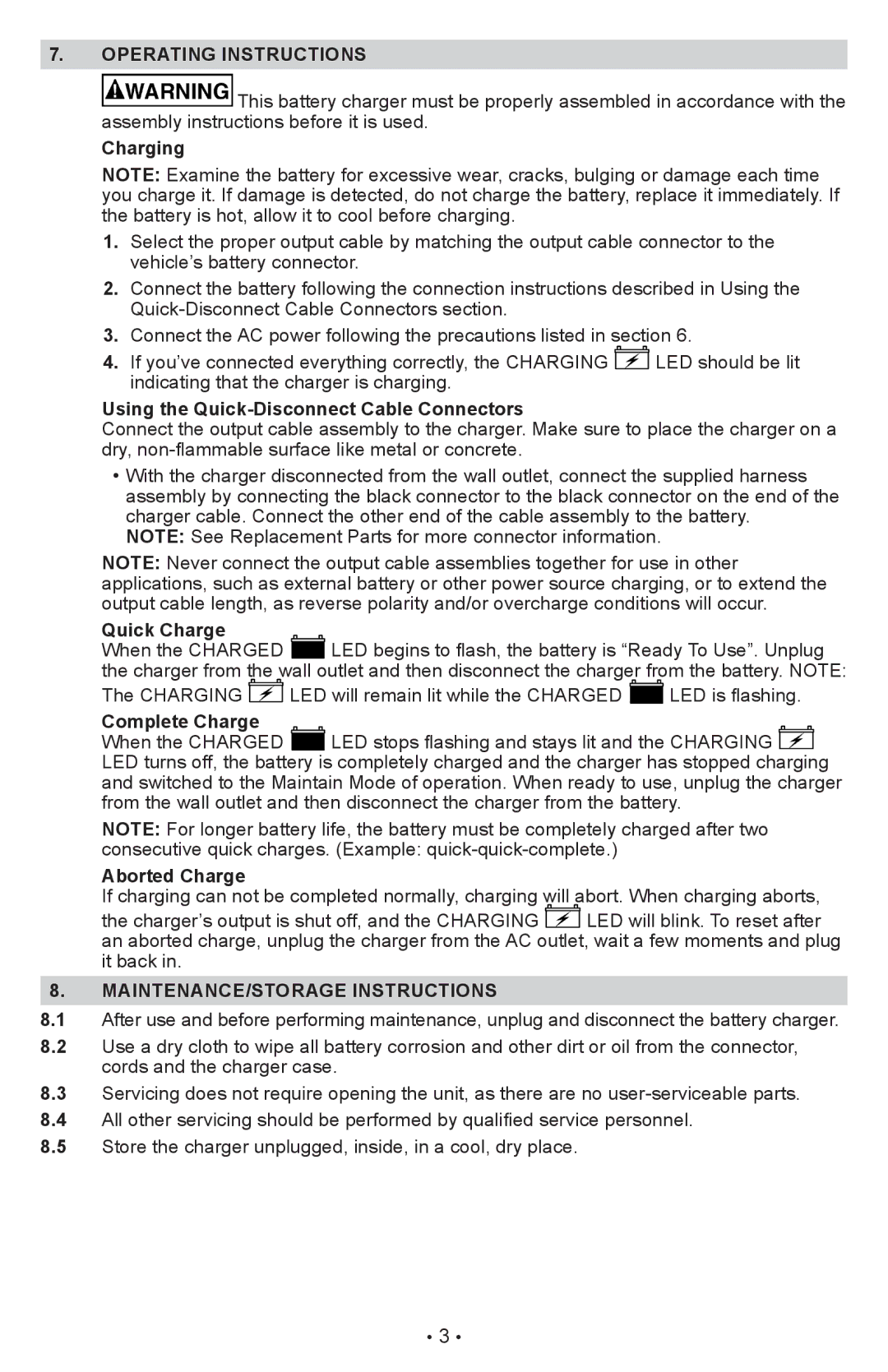 Schumacher CR1 owner manual Operating Instructions, MAINTENANCE/STORAGE Instructions 