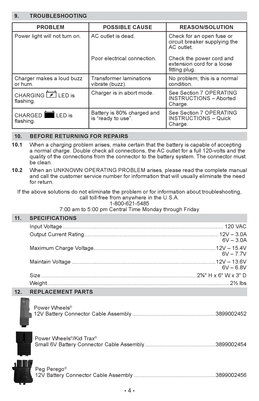 Schumacher CR1 Troubleshooting Problem Possible Cause REASON/SOLUTION, Before Returning for Repairs, Specifications 