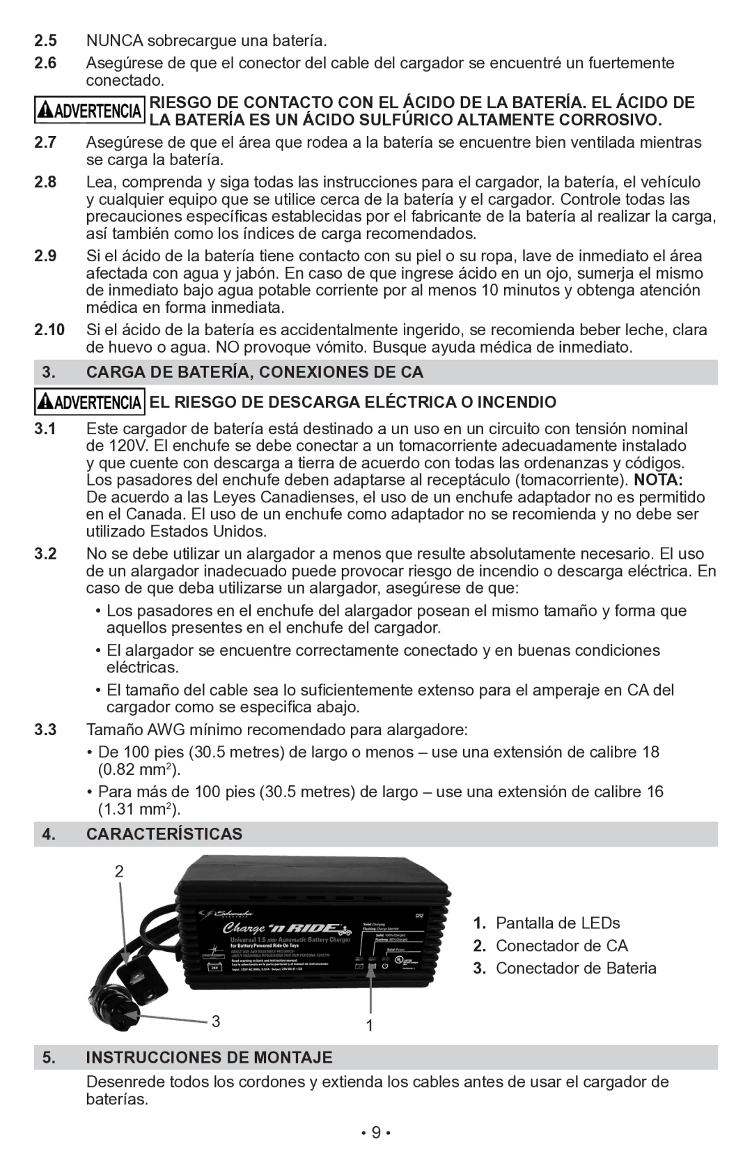 Schumacher CR2 owner manual Características, Instrucciones DE Montaje 