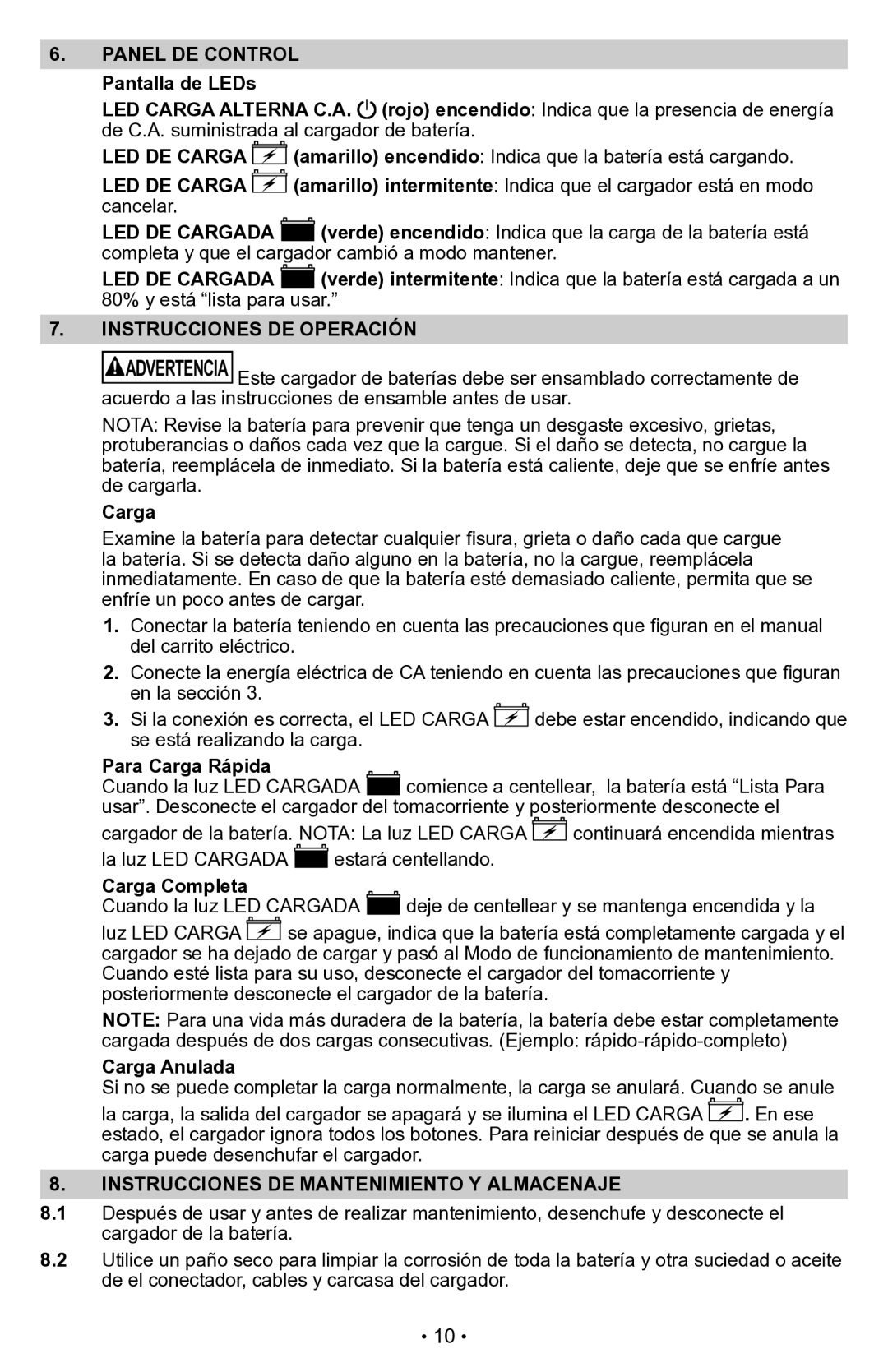 Schumacher CR2 owner manual Panel DE Control, Instrucciones DE Operación, Instrucciones DE Mantenimiento Y Almacenaje 