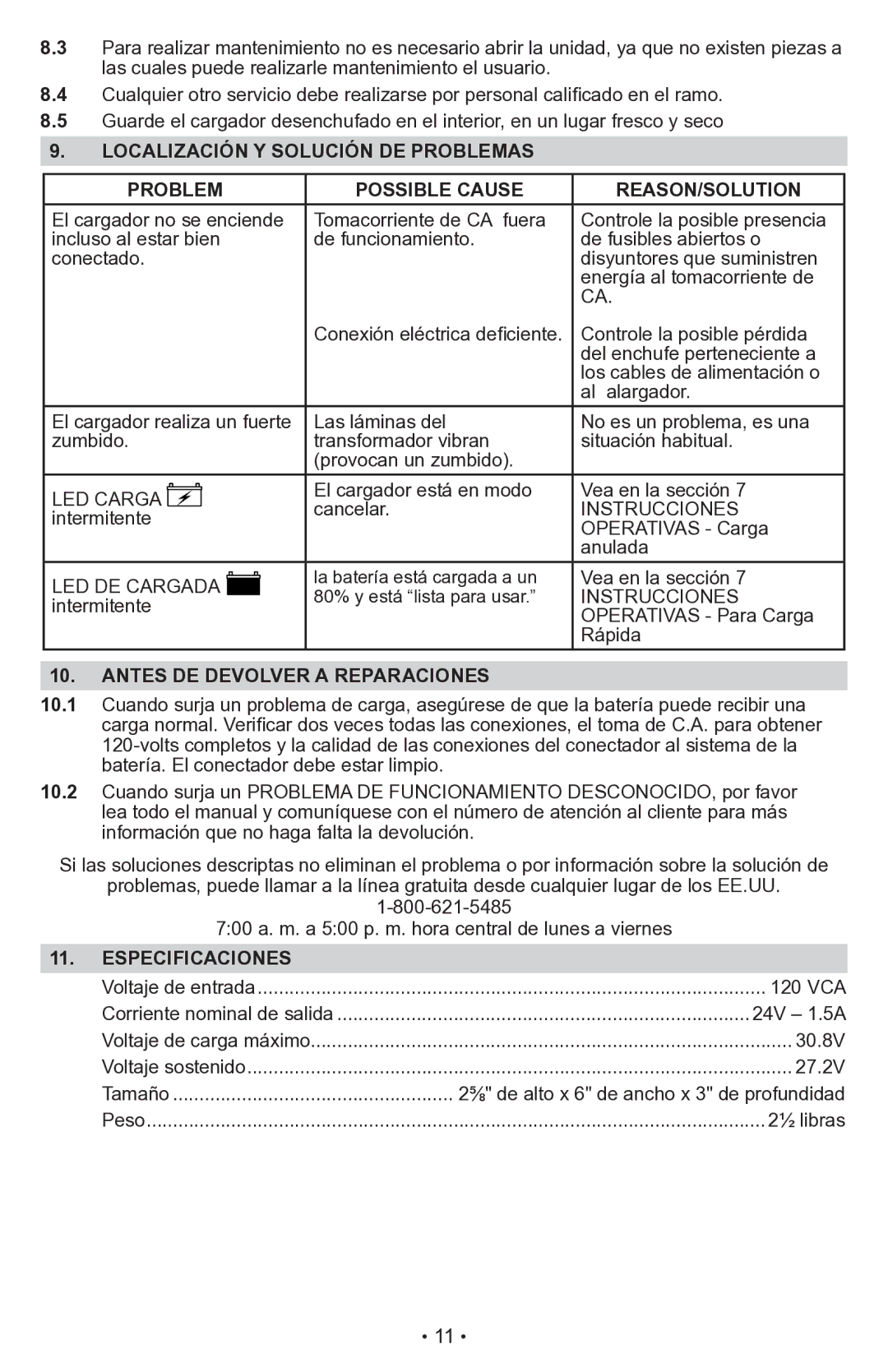 Schumacher CR2 owner manual Antes DE Devolver a Reparaciones, Especificaciones 