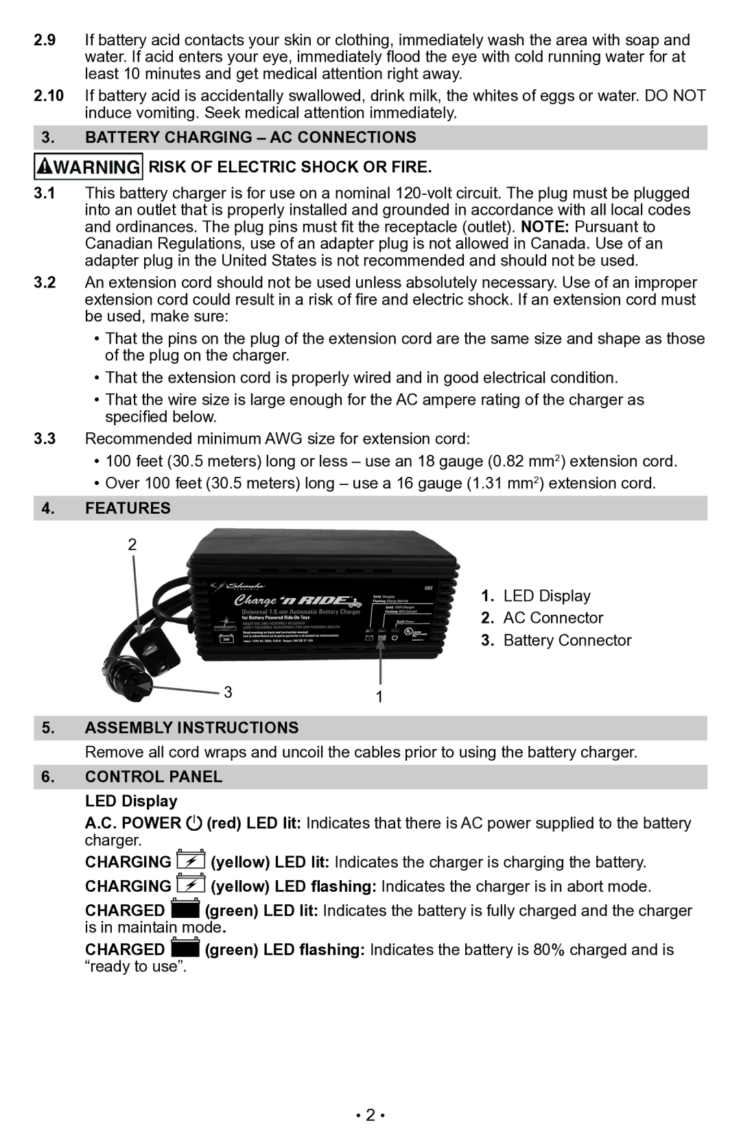 Schumacher CR2 owner manual Features, Assembly Instructions, Control Panel, Power, Charging, Charged 