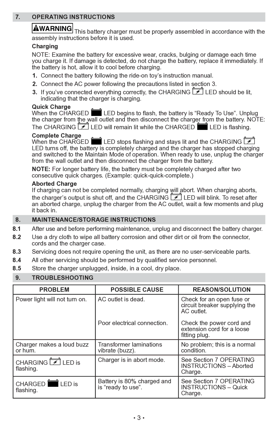 Schumacher CR2 owner manual Operating Instructions, MAINTENANCE/STORAGE Instructions 