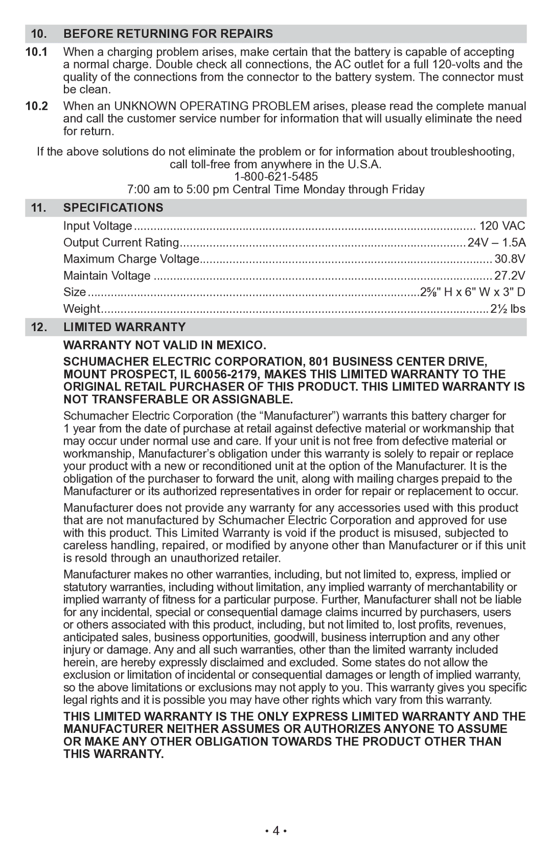 Schumacher CR2 owner manual Before Returning for Repairs, Specifications, Limited Warranty, Warranty not valid in Mexico 