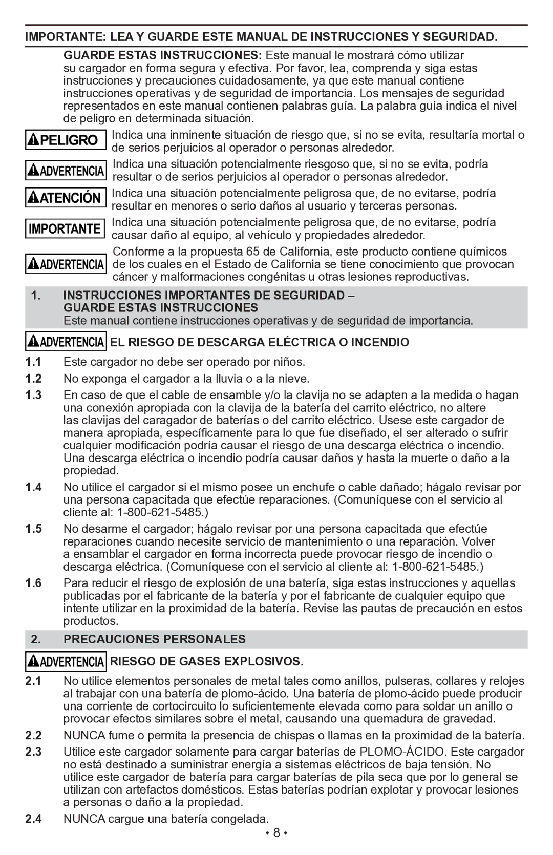 Schumacher CR2 owner manual EL Riesgo DE Descarga Eléctrica O Incendio, Precauciones Personales Riesgo DE Gases Explosivos 