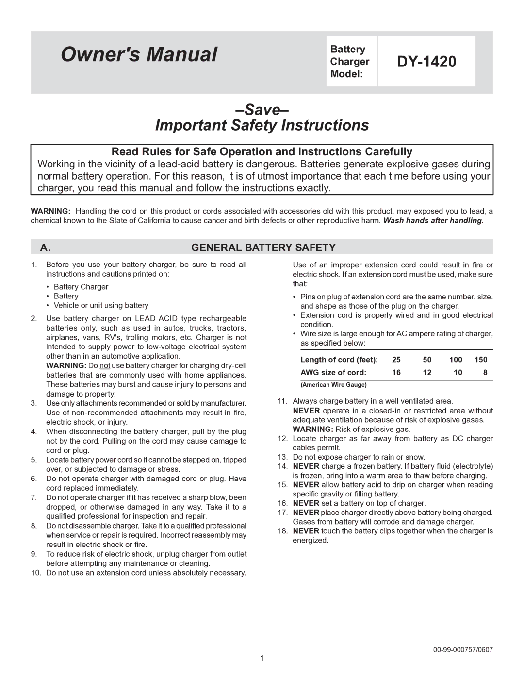 Schumacher DY-1420 owner manual Save Important Safety Instructions, General Battery Safety 