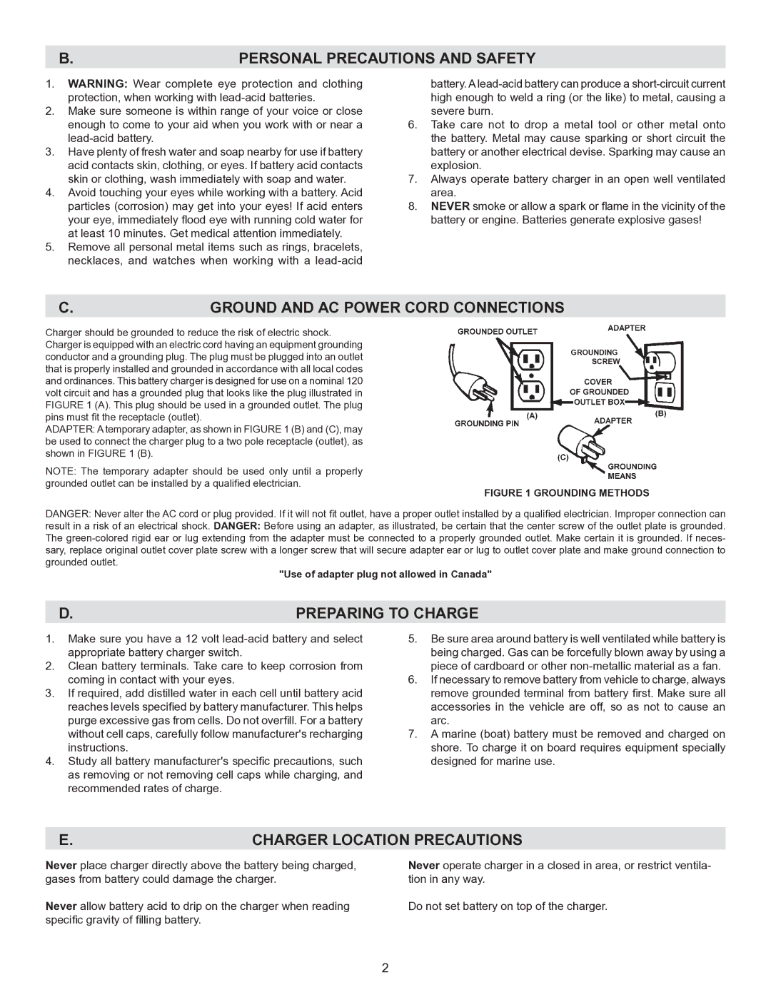 Schumacher DY-1420 Personal Precautions and Safety, Ground and AC Power Cord Connections, Charger Location Precautions 