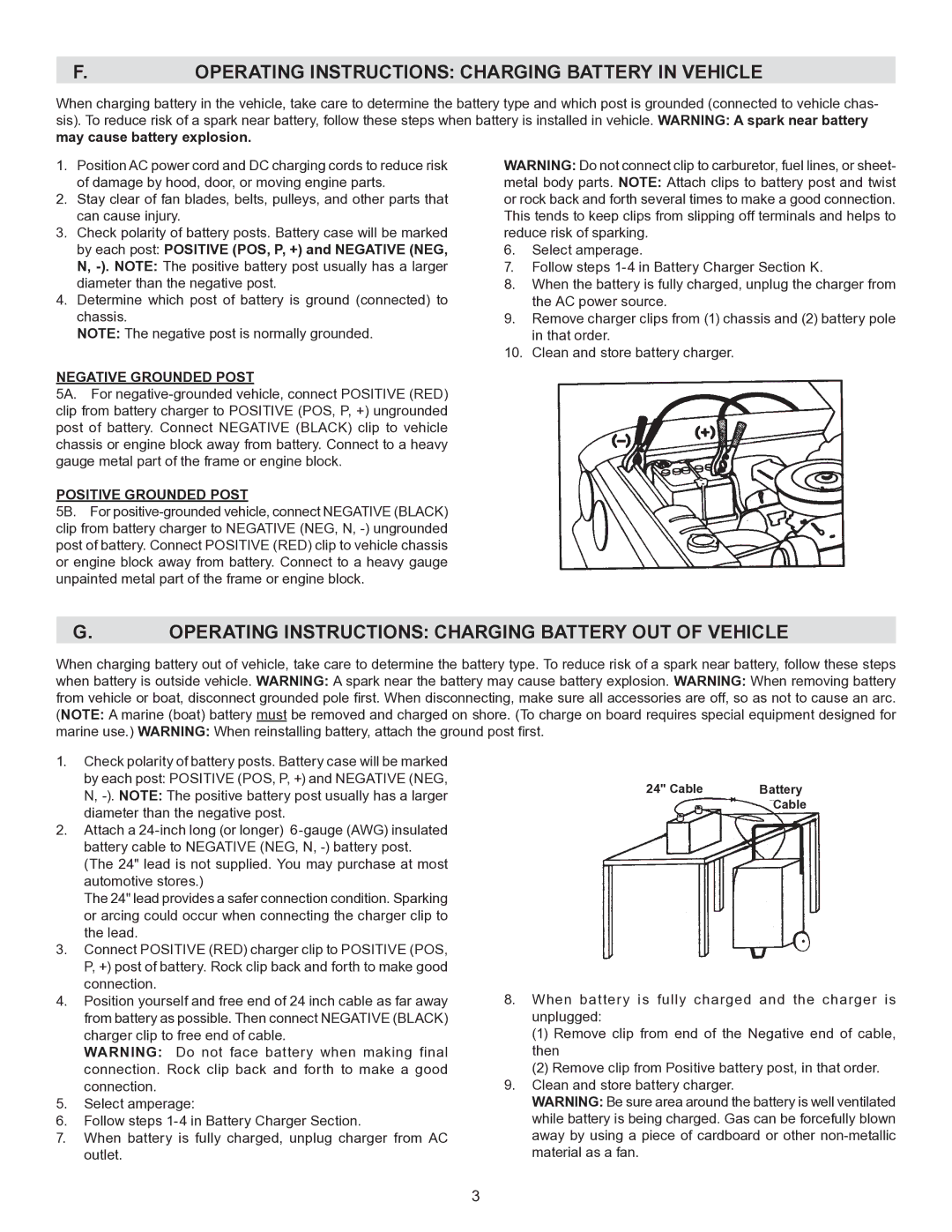 Schumacher DY-1420 owner manual Operating Instructions Charging Battery in Vehicle 