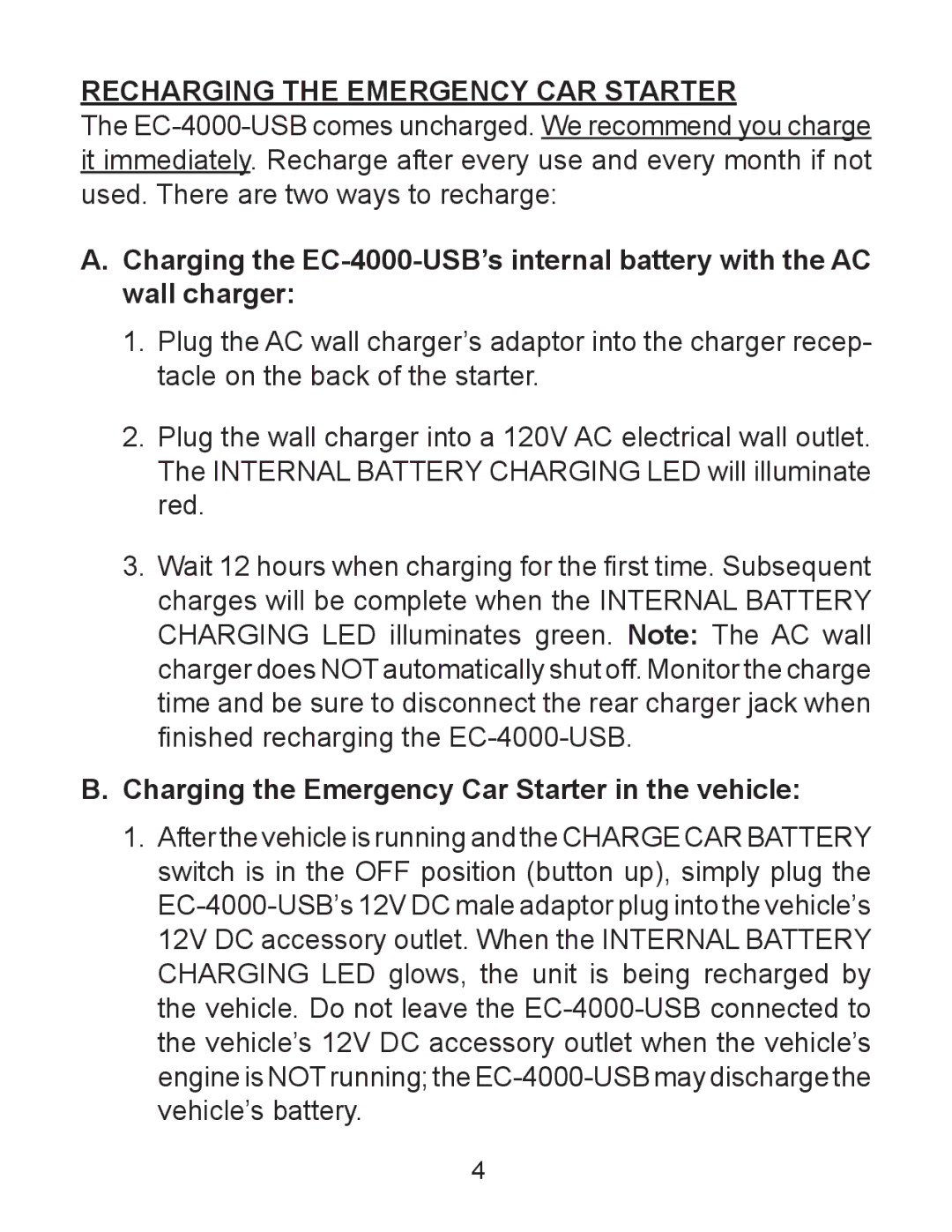 Schumacher EC-4000-USB manual Recharging the Emergency CAR Starter, Charging the Emergency Car Starter in the vehicle 