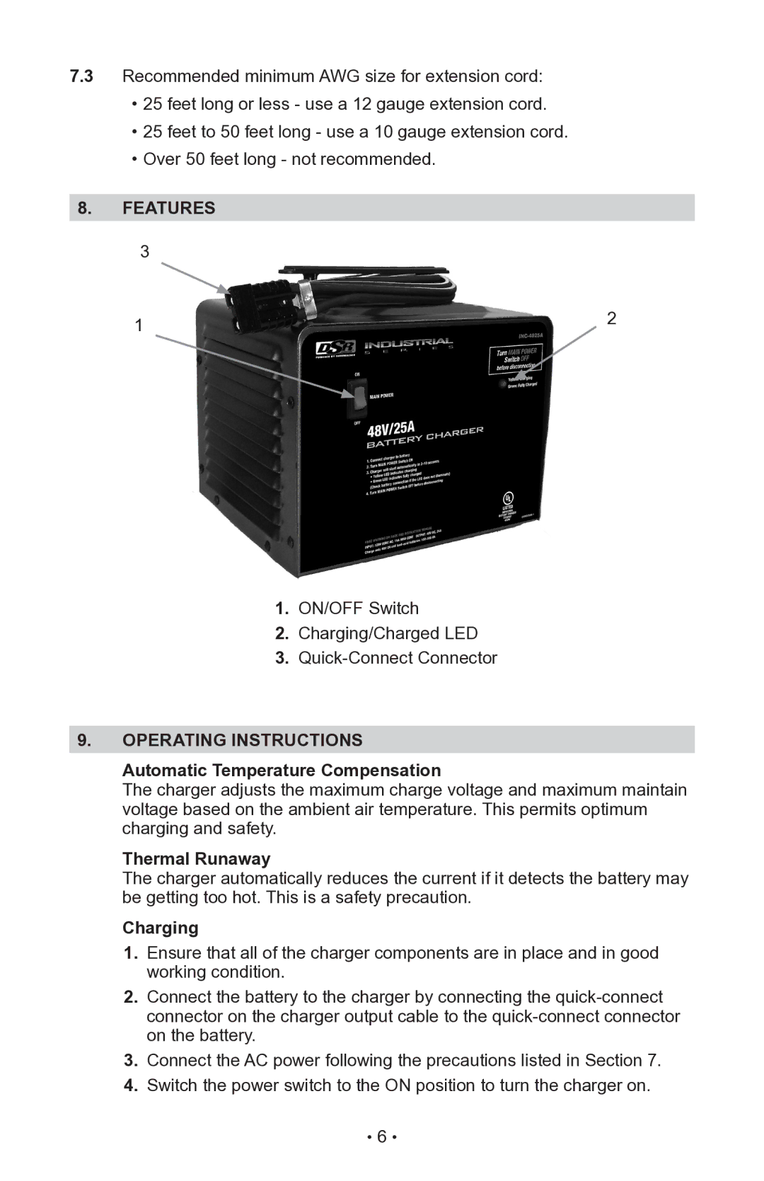 Schumacher INC-14825A Features, Operating Instructions, Automatic Temperature Compensation, Thermal Runaway, Charging 