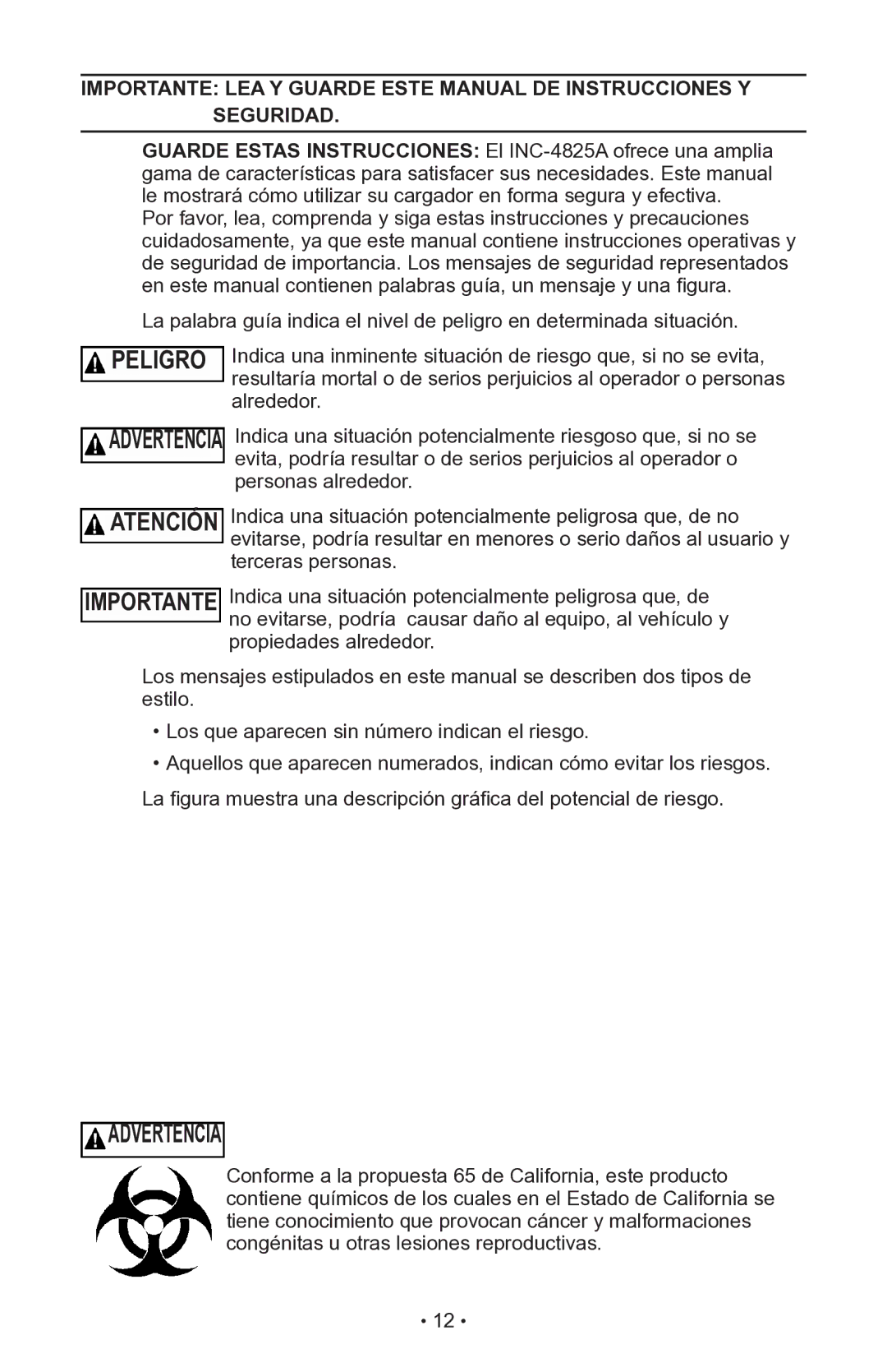 Schumacher INC-14825A owner manual Advertencia 