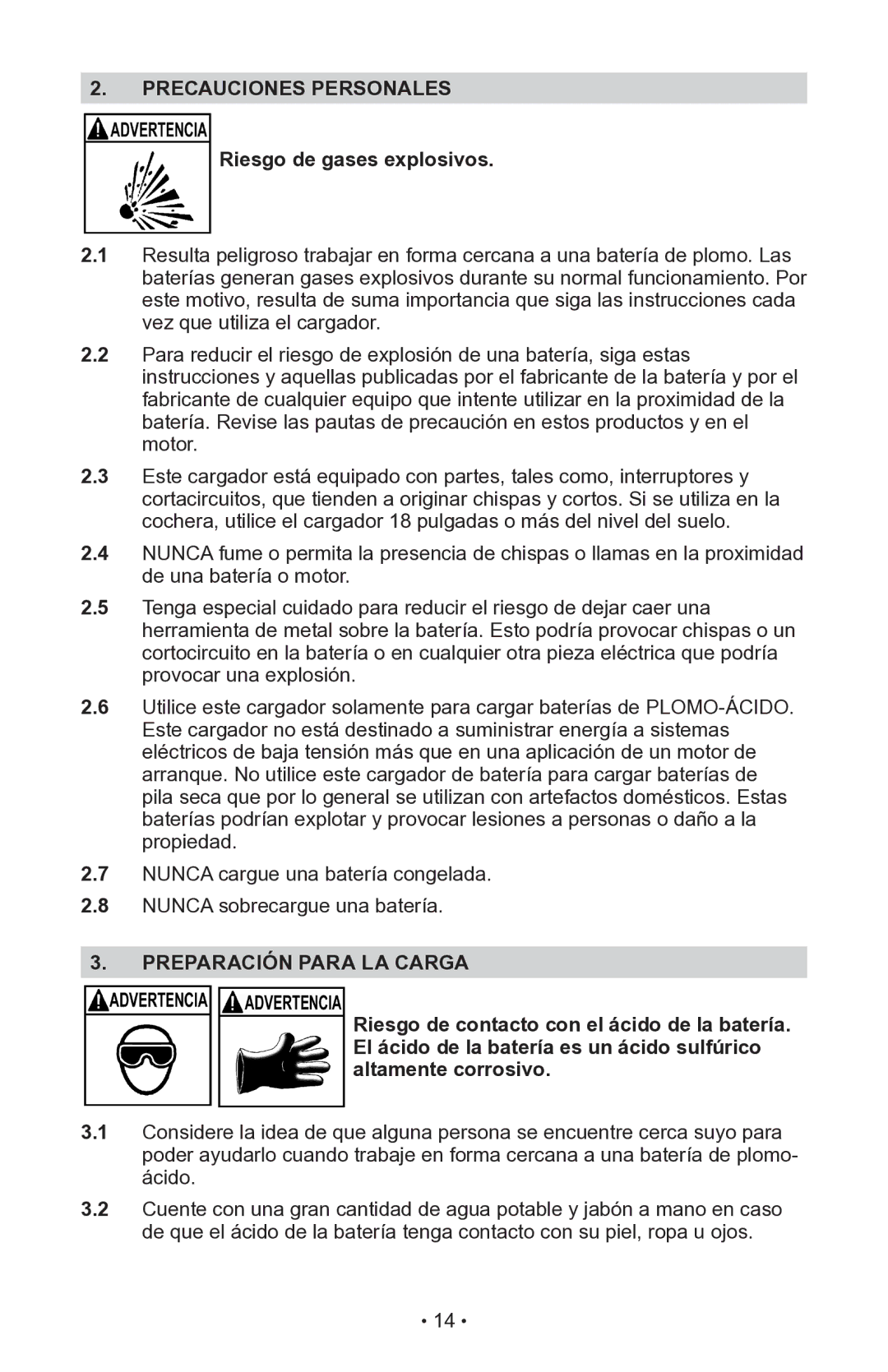 Schumacher INC-14825A owner manual Precauciones Personales Riesgo de gases explosivos, Preparación Para LA Carga 