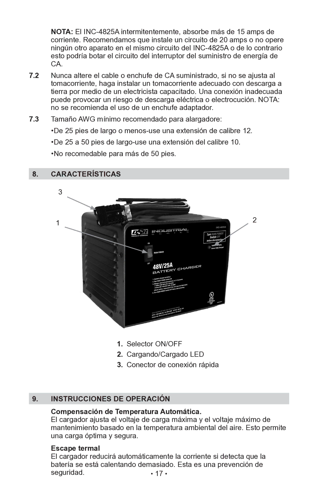 Schumacher INC-14825A Características, Instrucciones DE Operación, Compensación de Temperatura Automática, Escape termal 