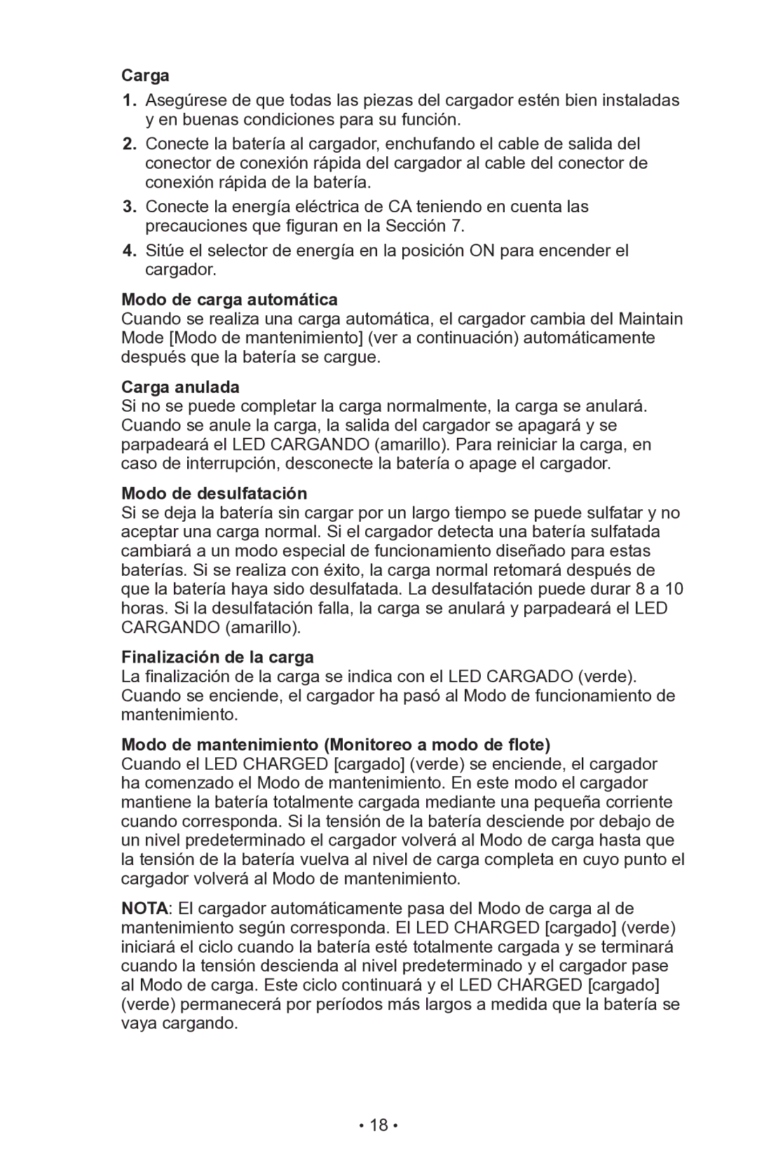 Schumacher INC-14825A Modo de carga automática, Carga anulada, Modo de desulfatación, Finalización de la carga 