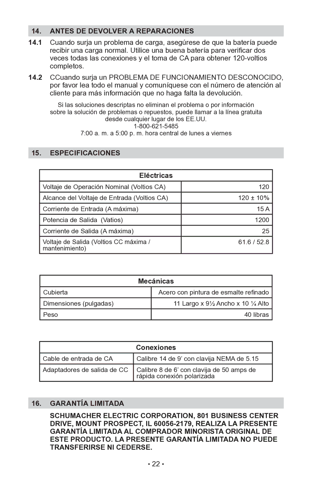 Schumacher INC-14825A owner manual Antes DE Devolver a Reparaciones, Especificaciones, Eléctricas, Mecánicas, Conexiones 