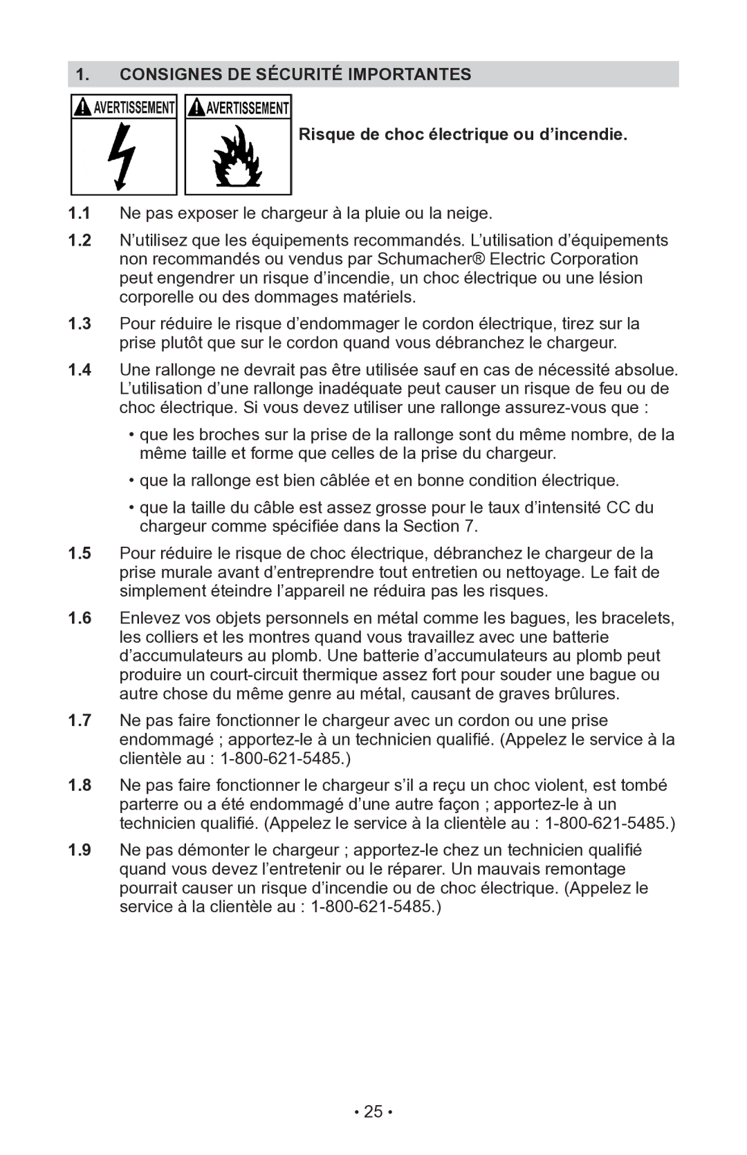 Schumacher INC-14825A owner manual Consignes DE Sécurité Importantes, Risque de choc électrique ou d’incendie 