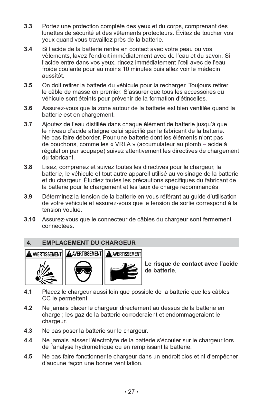 Schumacher INC-14825A owner manual Emplacement DU Chargeur, Le risque de contact avec l’acide de batterie 