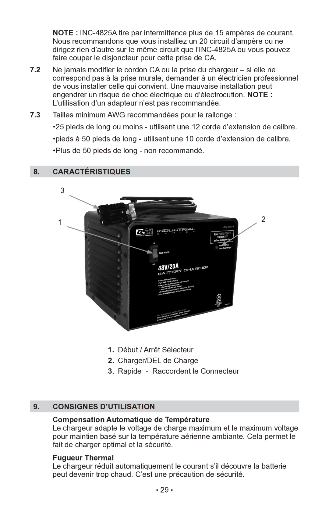 Schumacher INC-14825A Caractéristiques, Consignes D’UTILISATION, Compensation Automatique de Température, Fugueur Thermal 