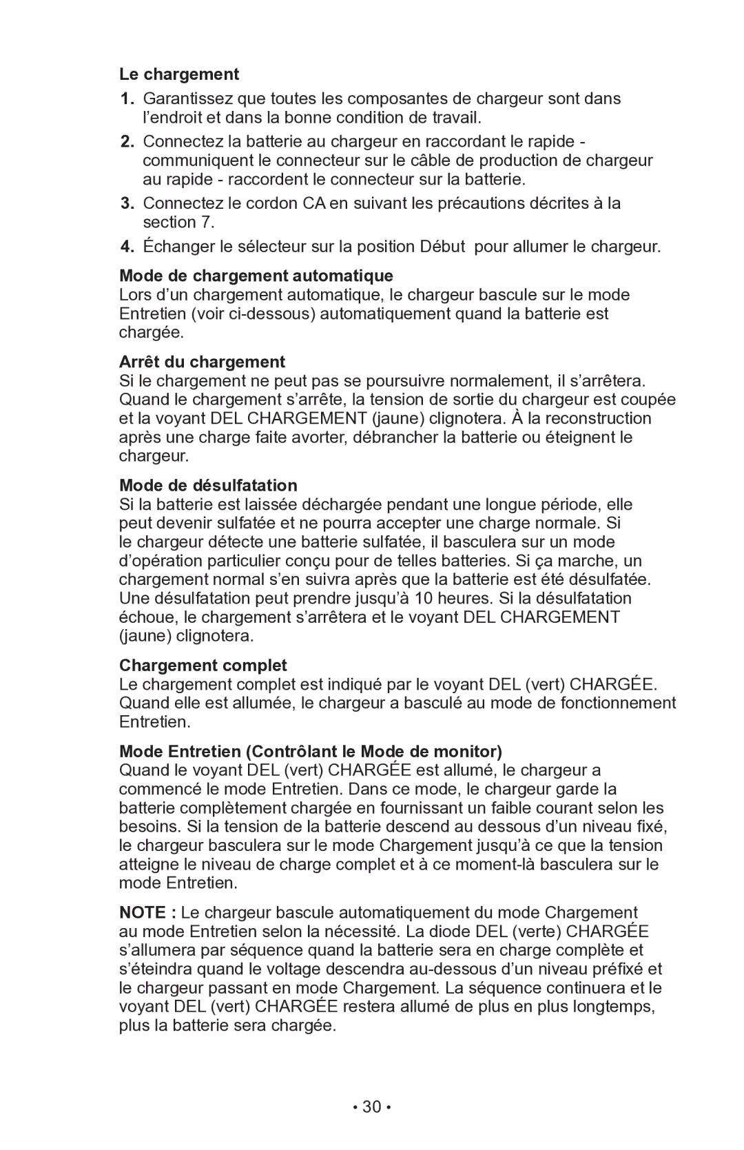 Schumacher INC-14825A Le chargement, Mode de chargement automatique, Arrêt du chargement, Mode de désulfatation 