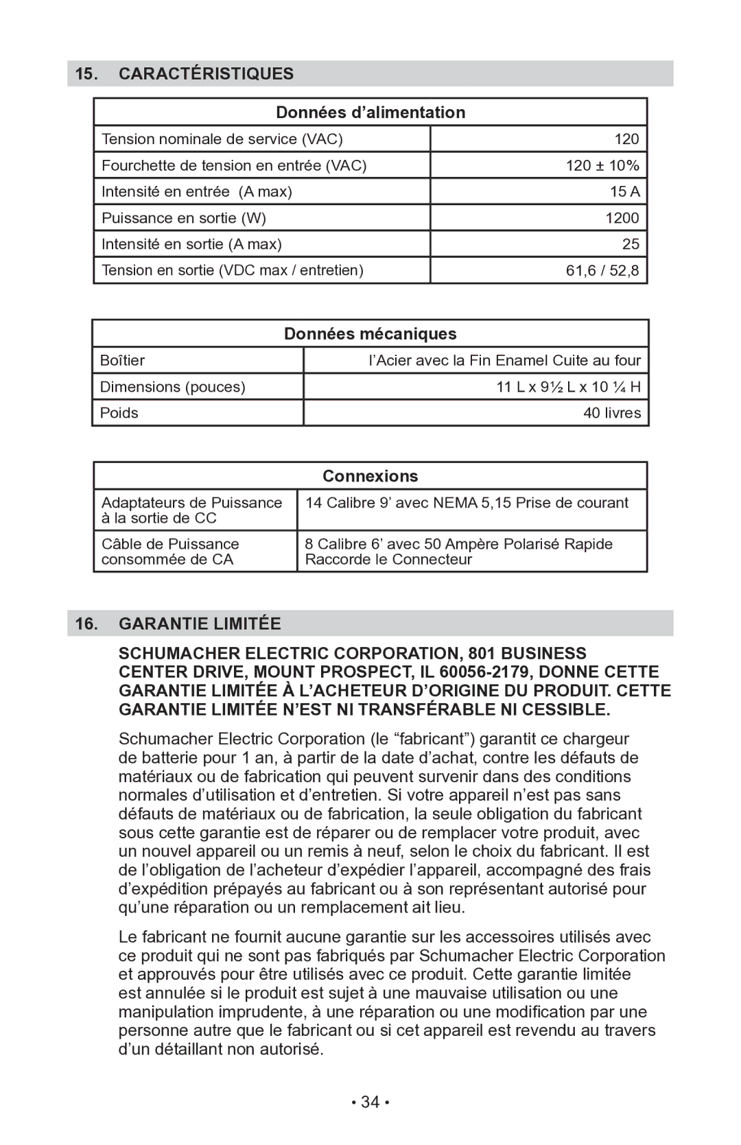 Schumacher INC-14825A owner manual Données d’alimentation, Données mécaniques, Connexions 