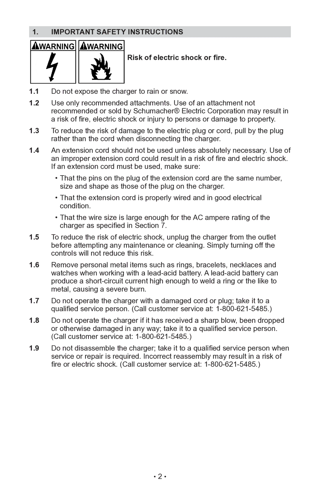 Schumacher INC-14825A owner manual Important Safety Instructions, Risk of electric shock or fire 