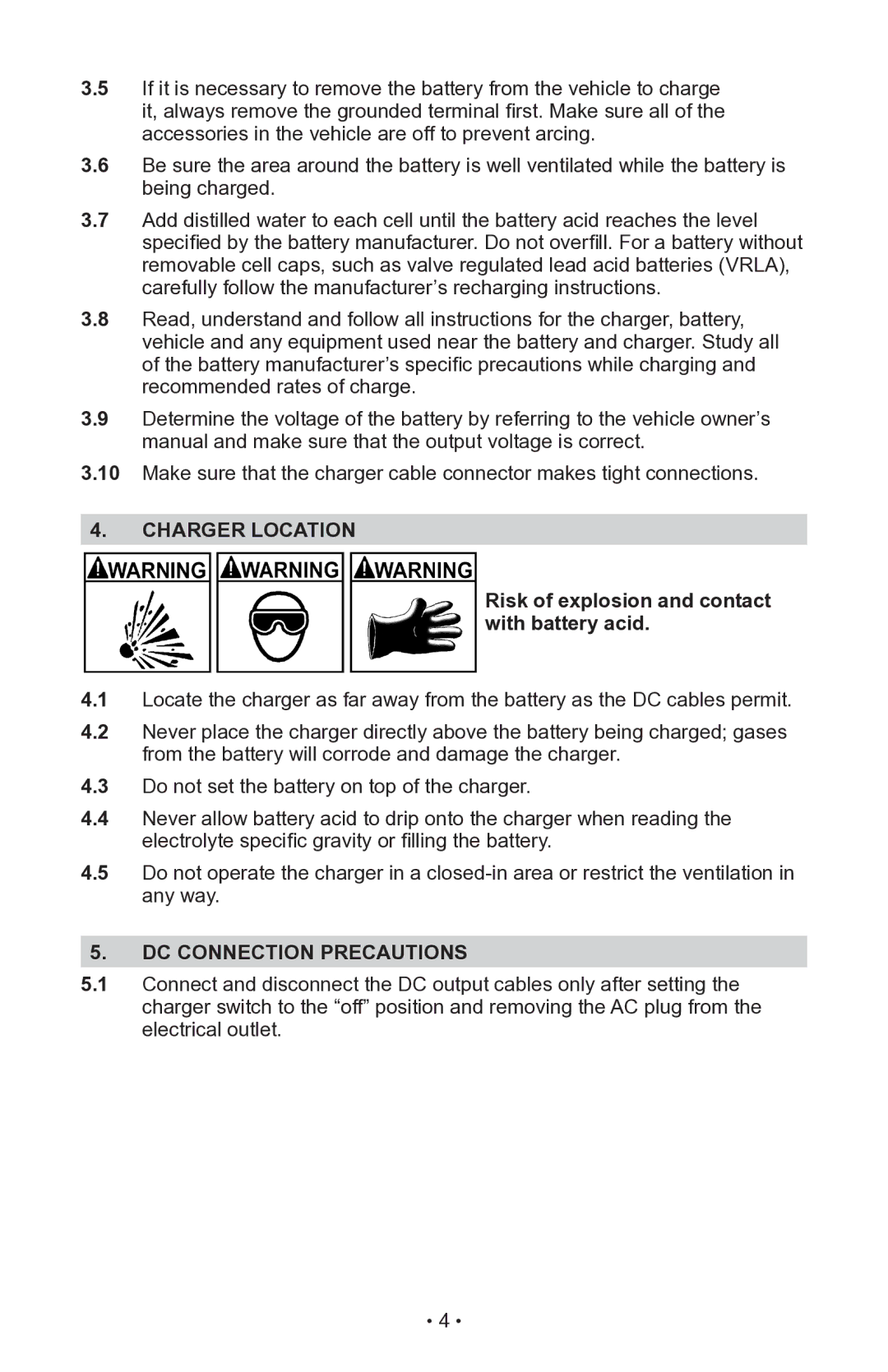 Schumacher INC-14825A Charger Location, Risk of explosion and contact with battery acid, DC Connection Precautions 