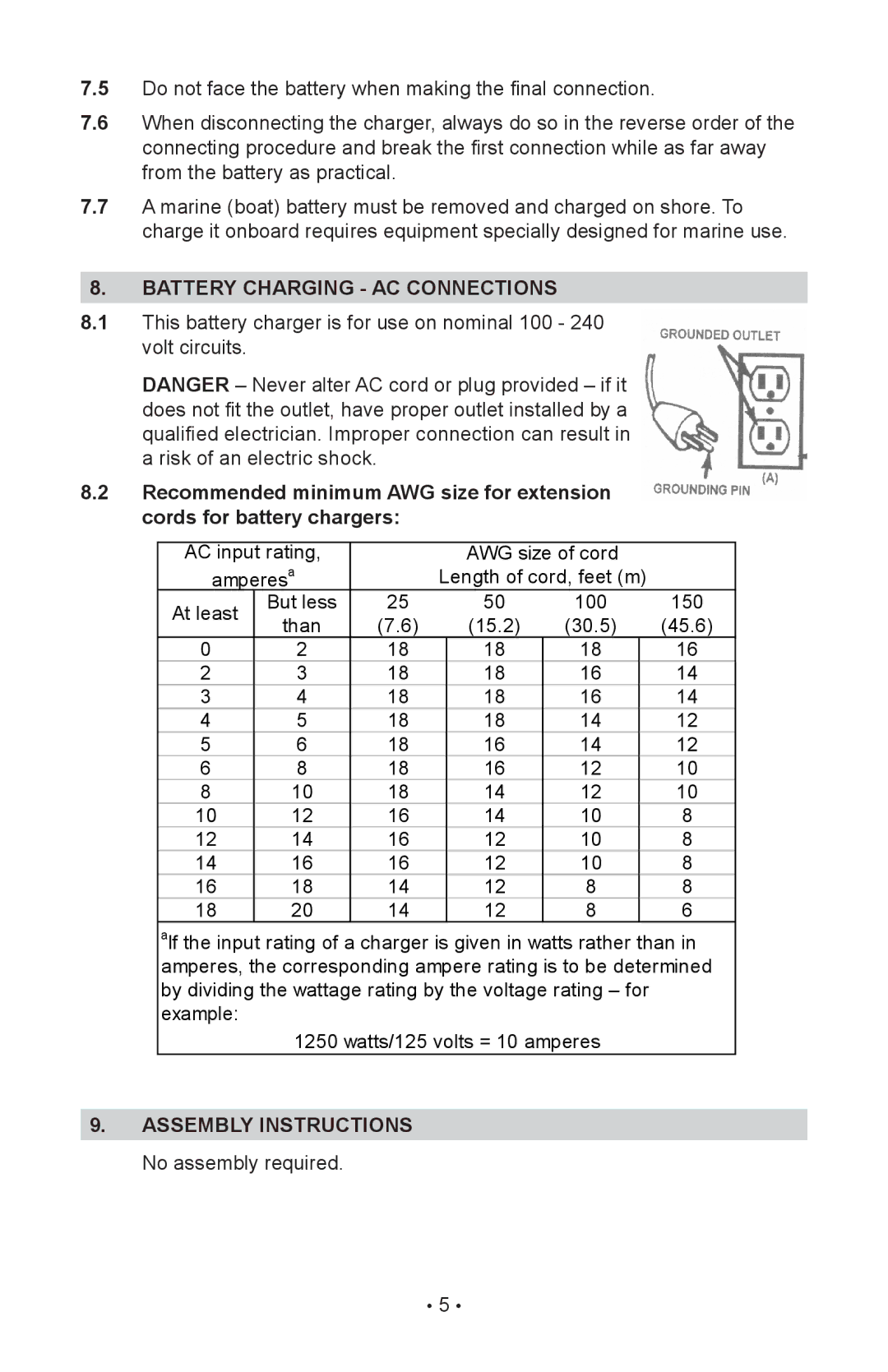 Schumacher INC-2405A owner manual Battery charging ac connections, Assembly instructions No assembly required 