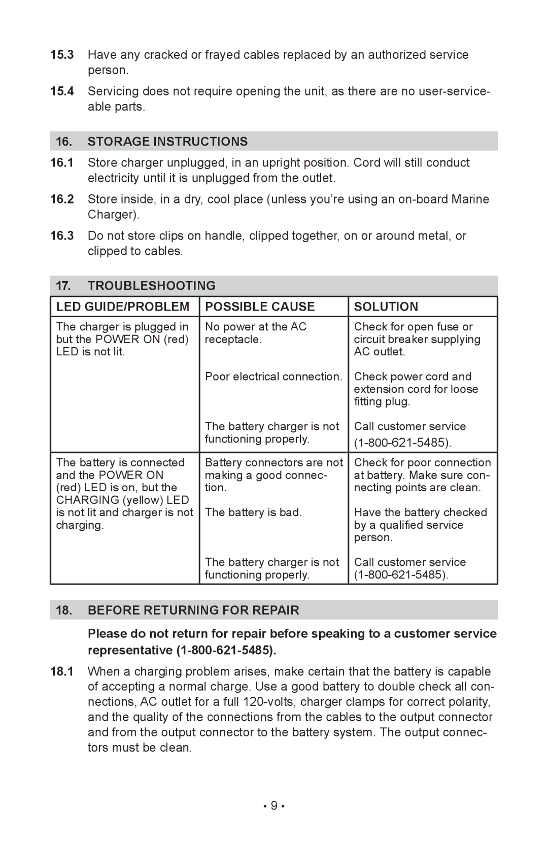 Schumacher INC-2405A owner manual Storage instructions, Troubleshooting, LED GUIDE/PROBLEM Possible Cause Solution 