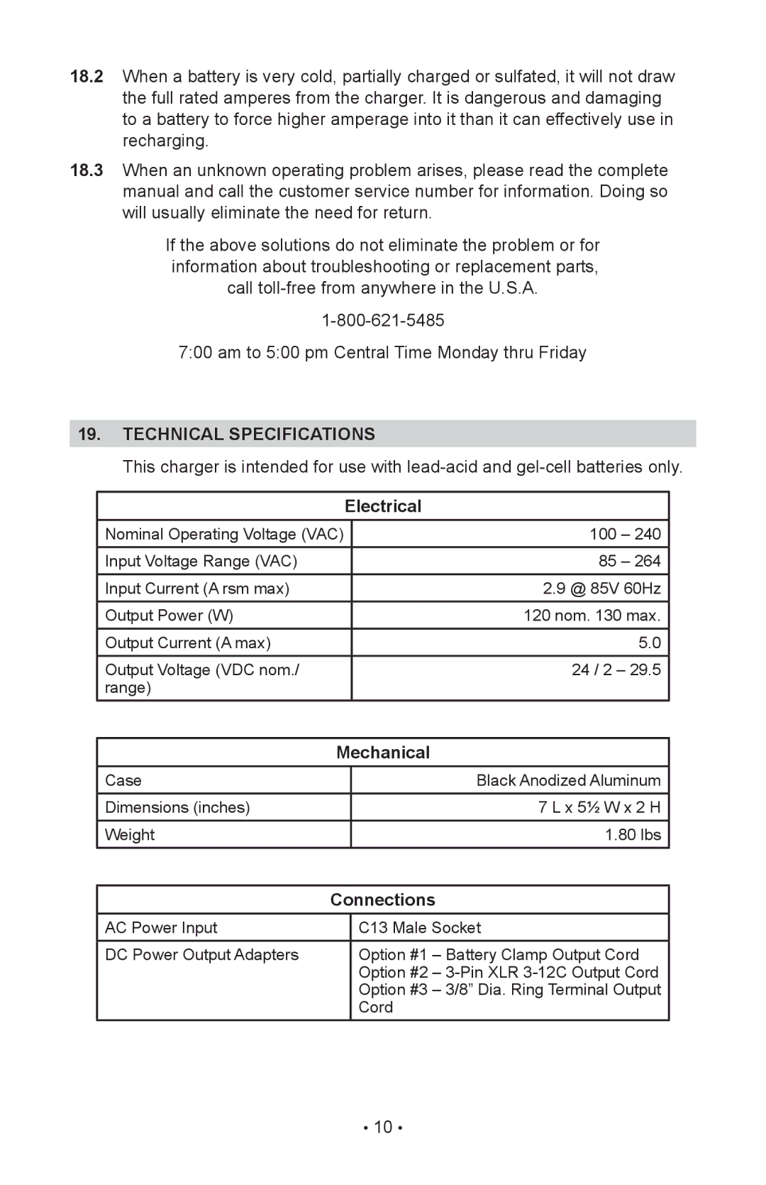 Schumacher INC-2405A owner manual Technical specifications, Electrical, Connections 