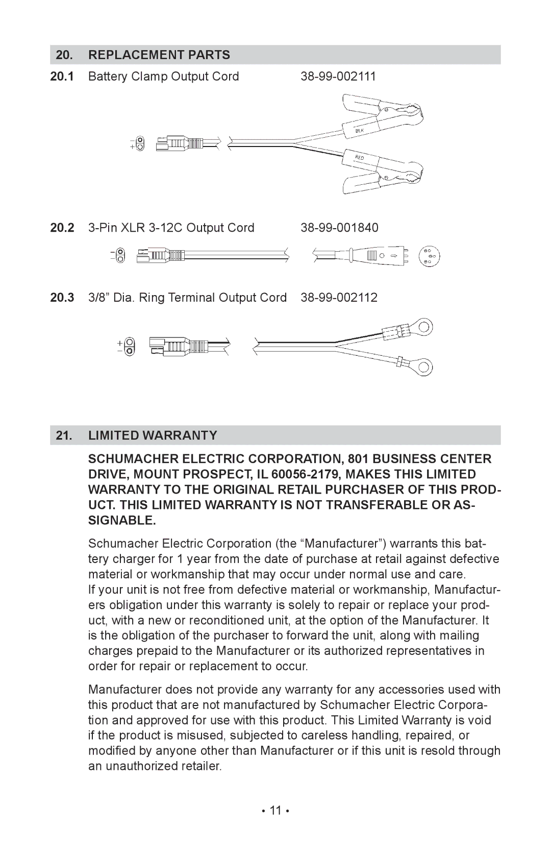 Schumacher INC-2405A owner manual Replacement parts, Battery Clamp Output Cord 38-99-002111 