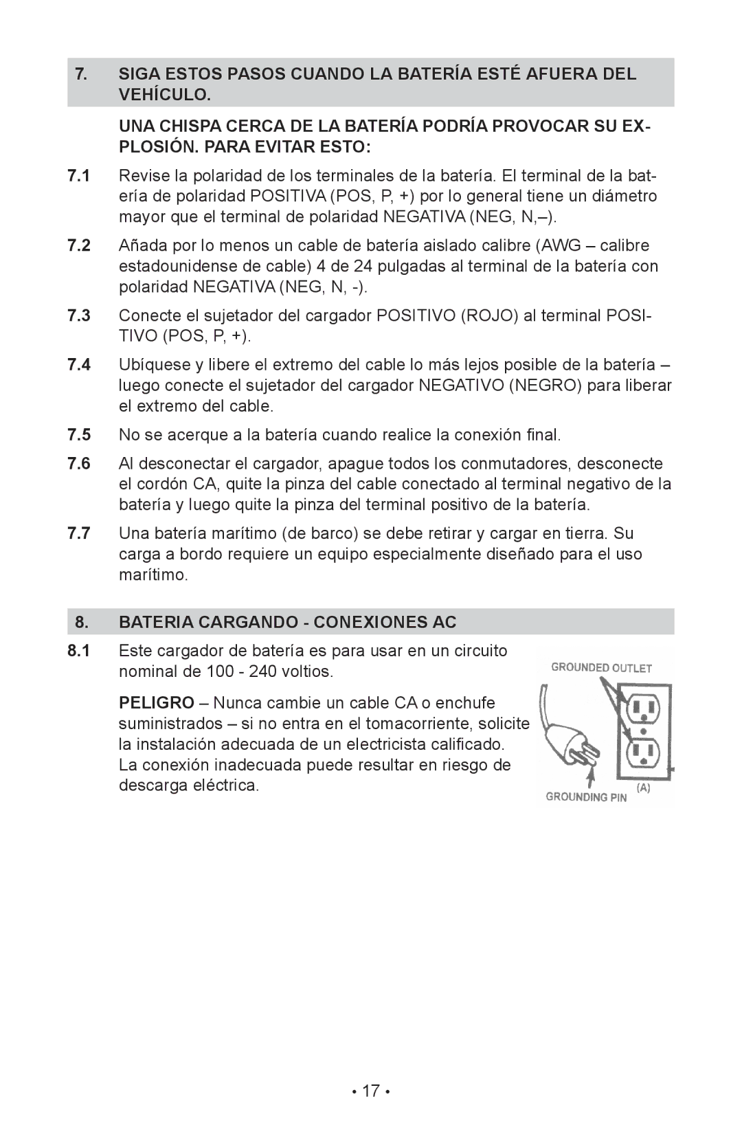 Schumacher INC-2405A Siga Estos Pasos cuando la batería esté afuera del vehículo, Bateria Cargando Conexiones AC 