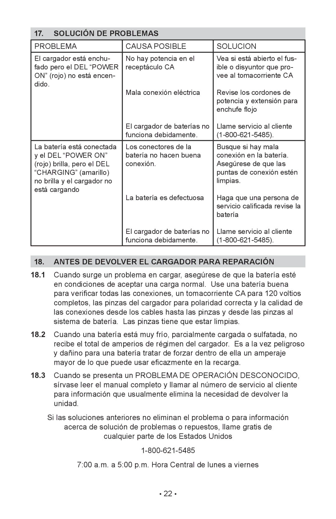 Schumacher INC-2405A owner manual Solución DE Problemas, Antes DE Devolver EL Cargador Para Reparación 