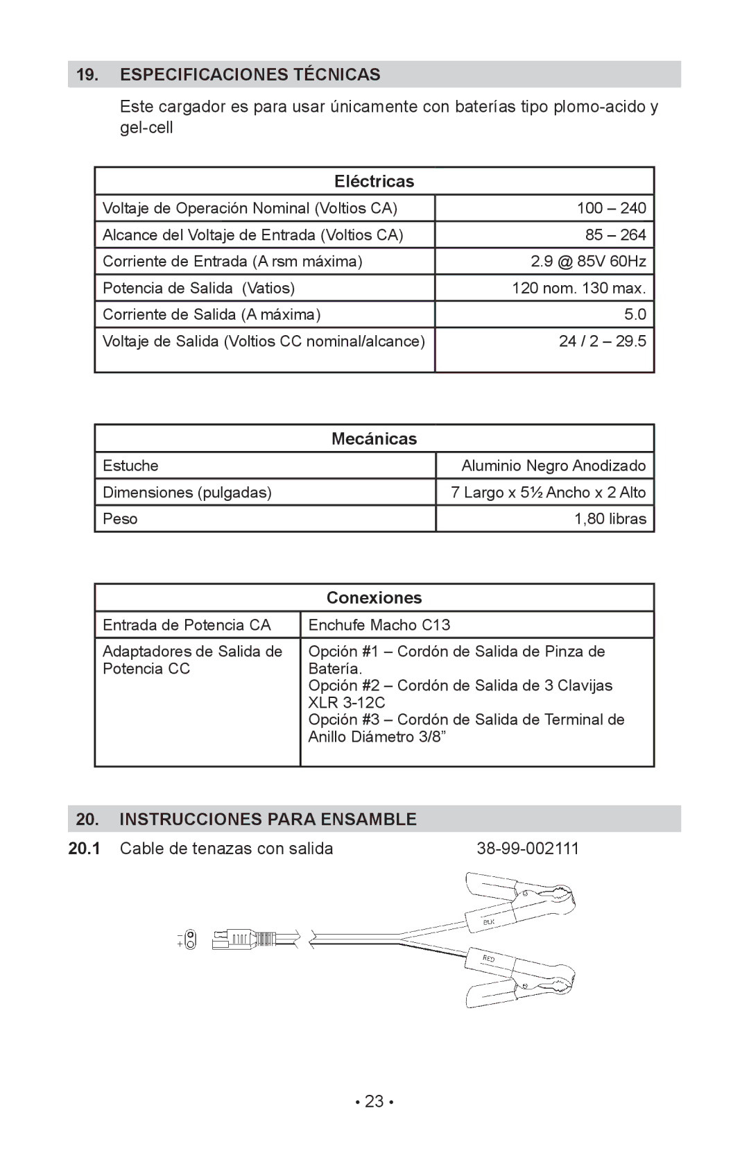 Schumacher INC-2405A owner manual Especificaciones Técnicas, Eléctricas, Mecánicas, Conexiones, Instrucciones Para Ensamble 